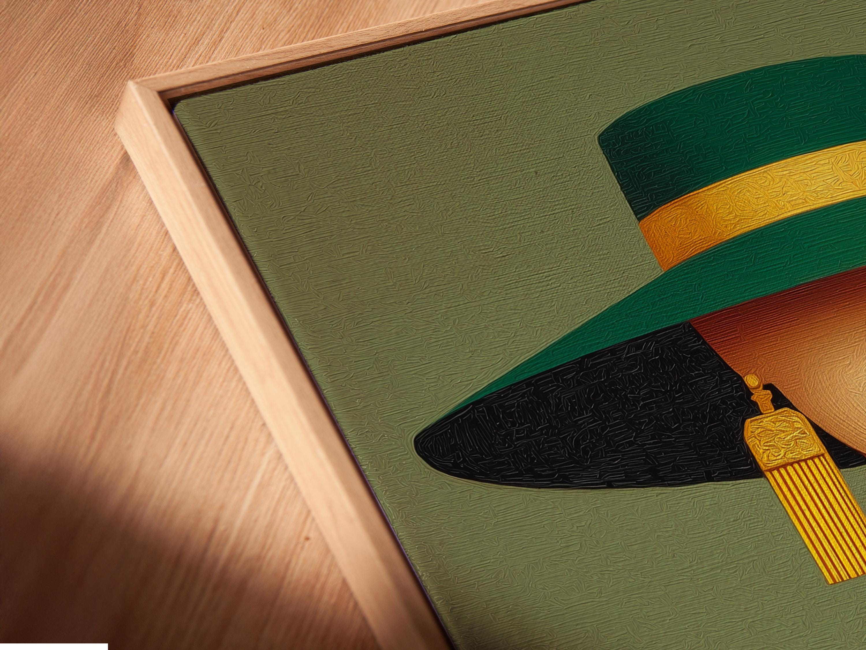 A stylised portrait of an elegant woman in a wide-brim hat, shown against a muted green background with gold accents and Art Deco-inspired shapes