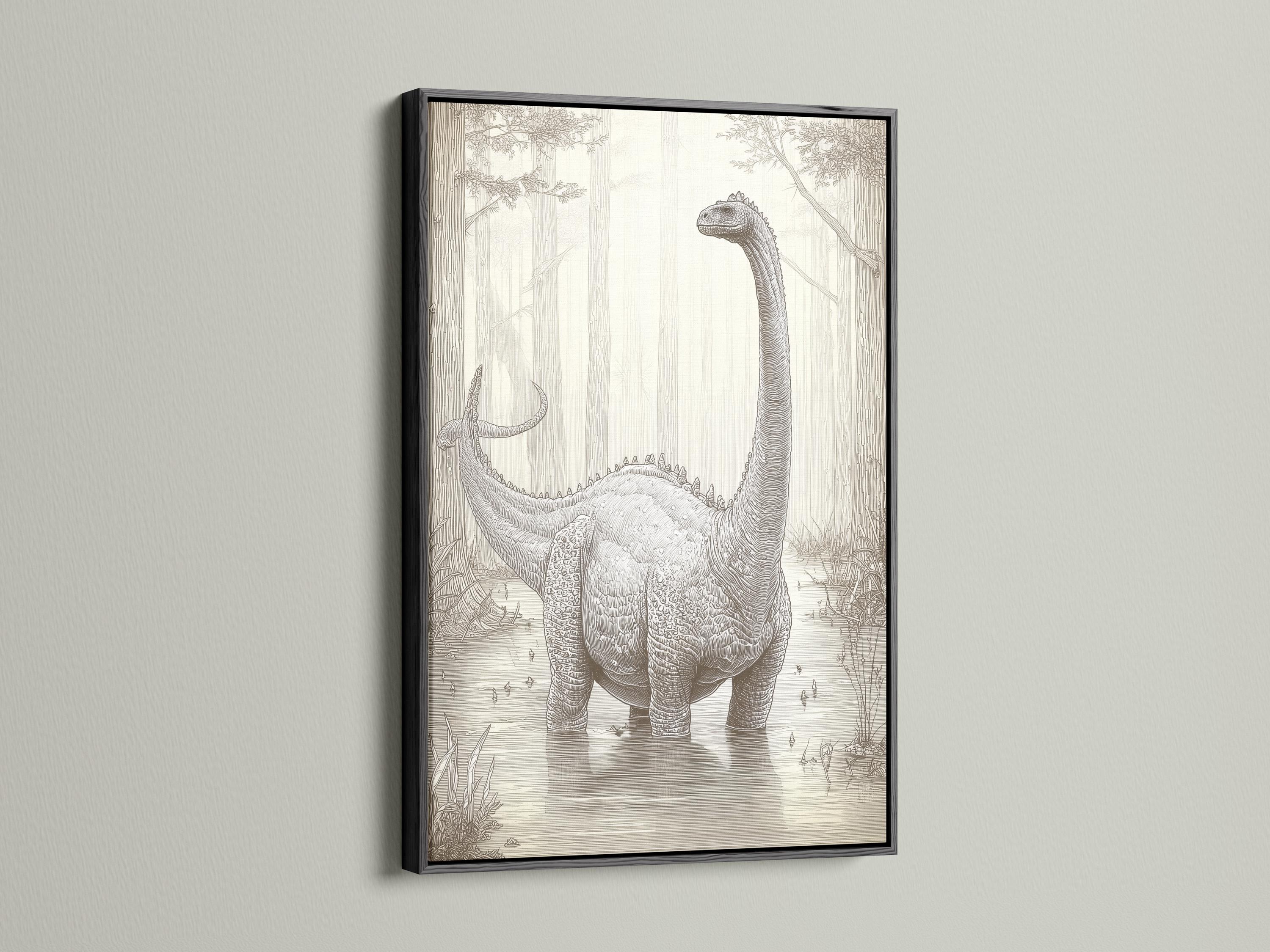 Neutral brontosaurus dinosaur sketch with a forest background in beige and charcoal grey linework detail view