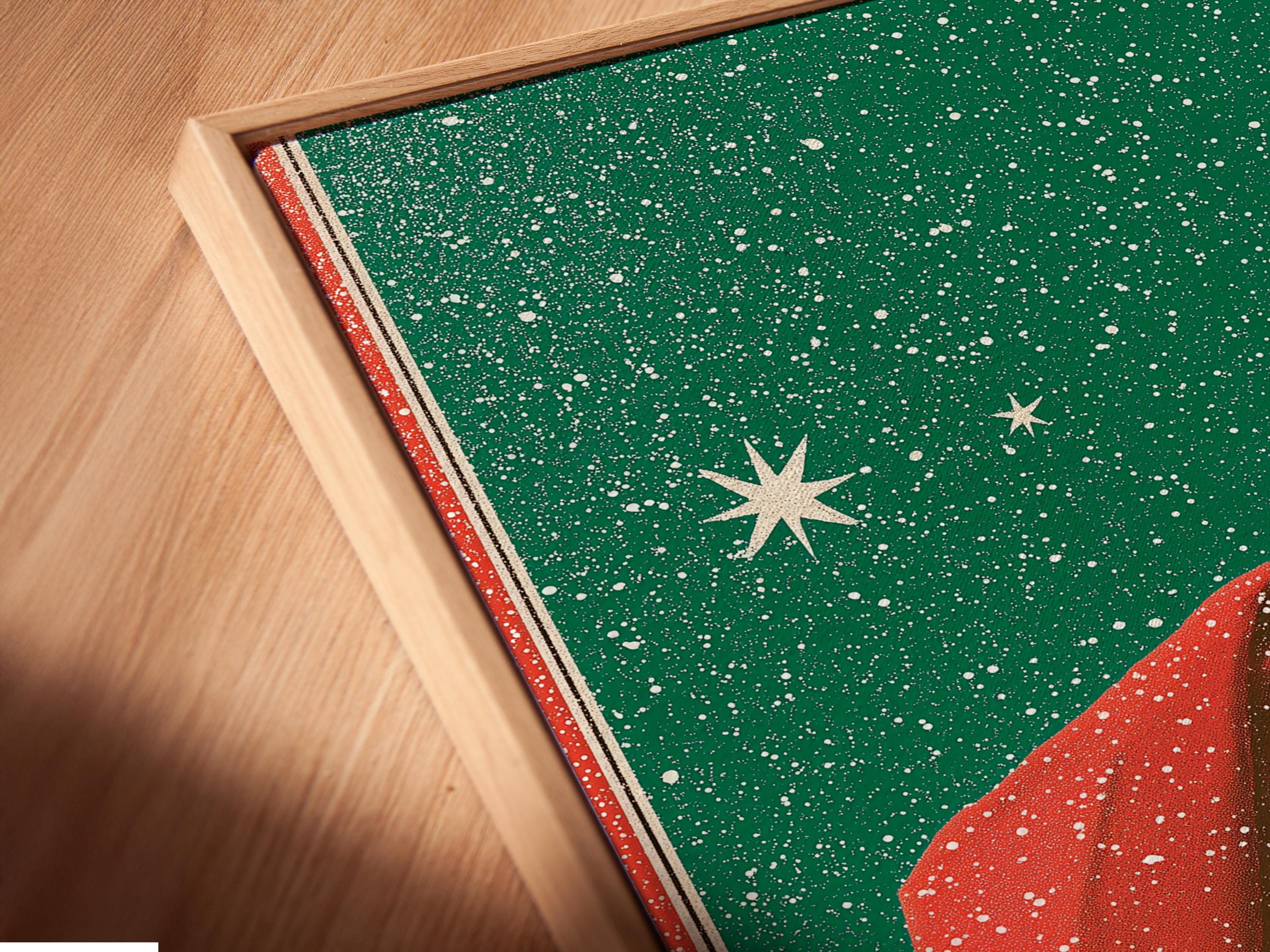 Room mockup featuring a framed Santa hat artwork on an emerald green speckled background