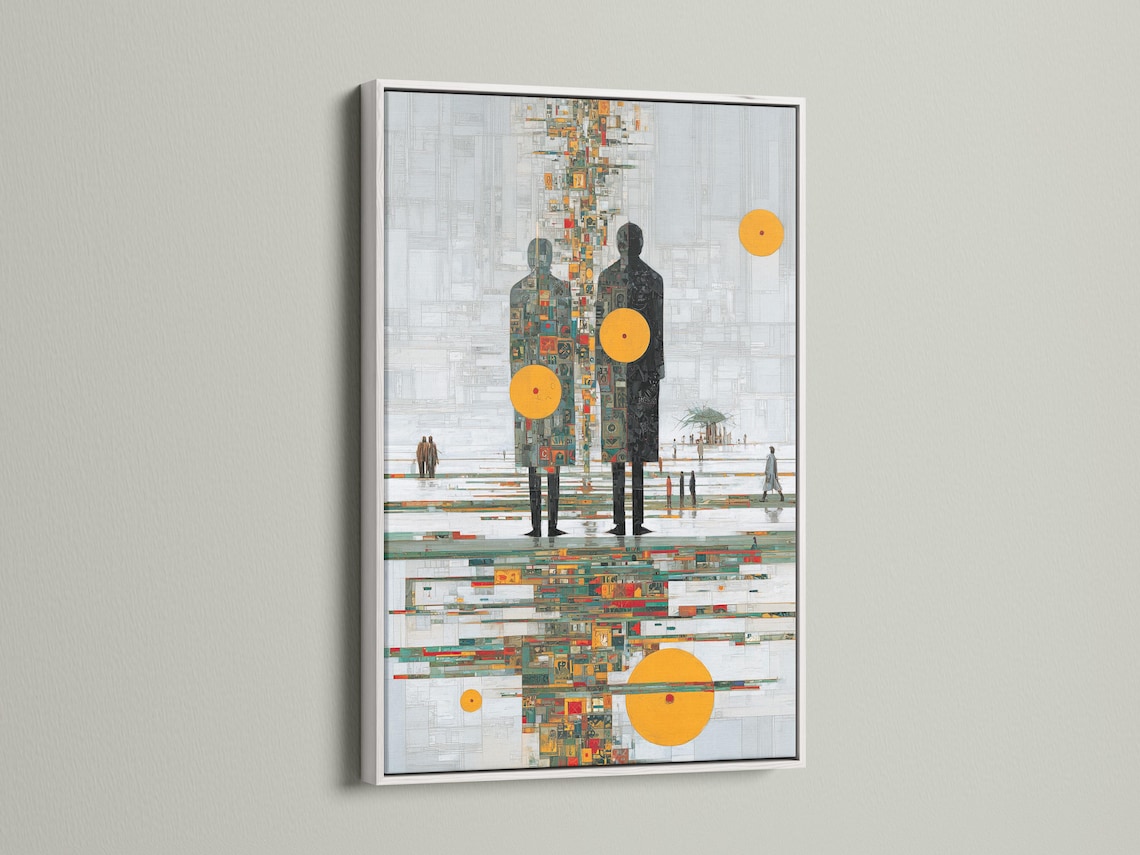 Stylised human figures on a light grey grid background with mustard-yellow circles and colourful mosaic tiles detail view