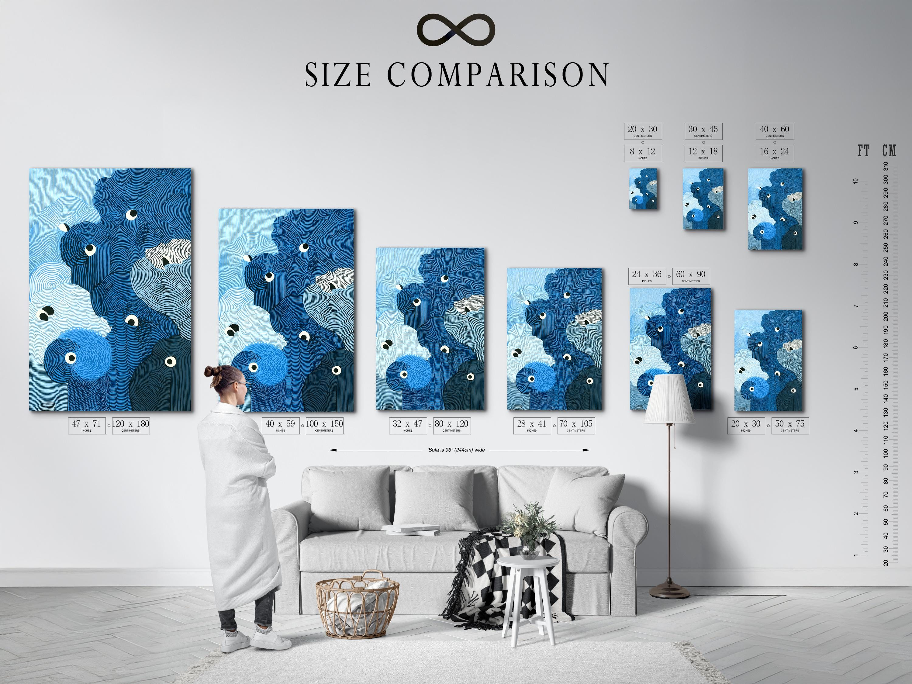 A blue animal portrait style artwork features overlapping rounded forms with spiralling contour lines and large cartoon eyes detail view