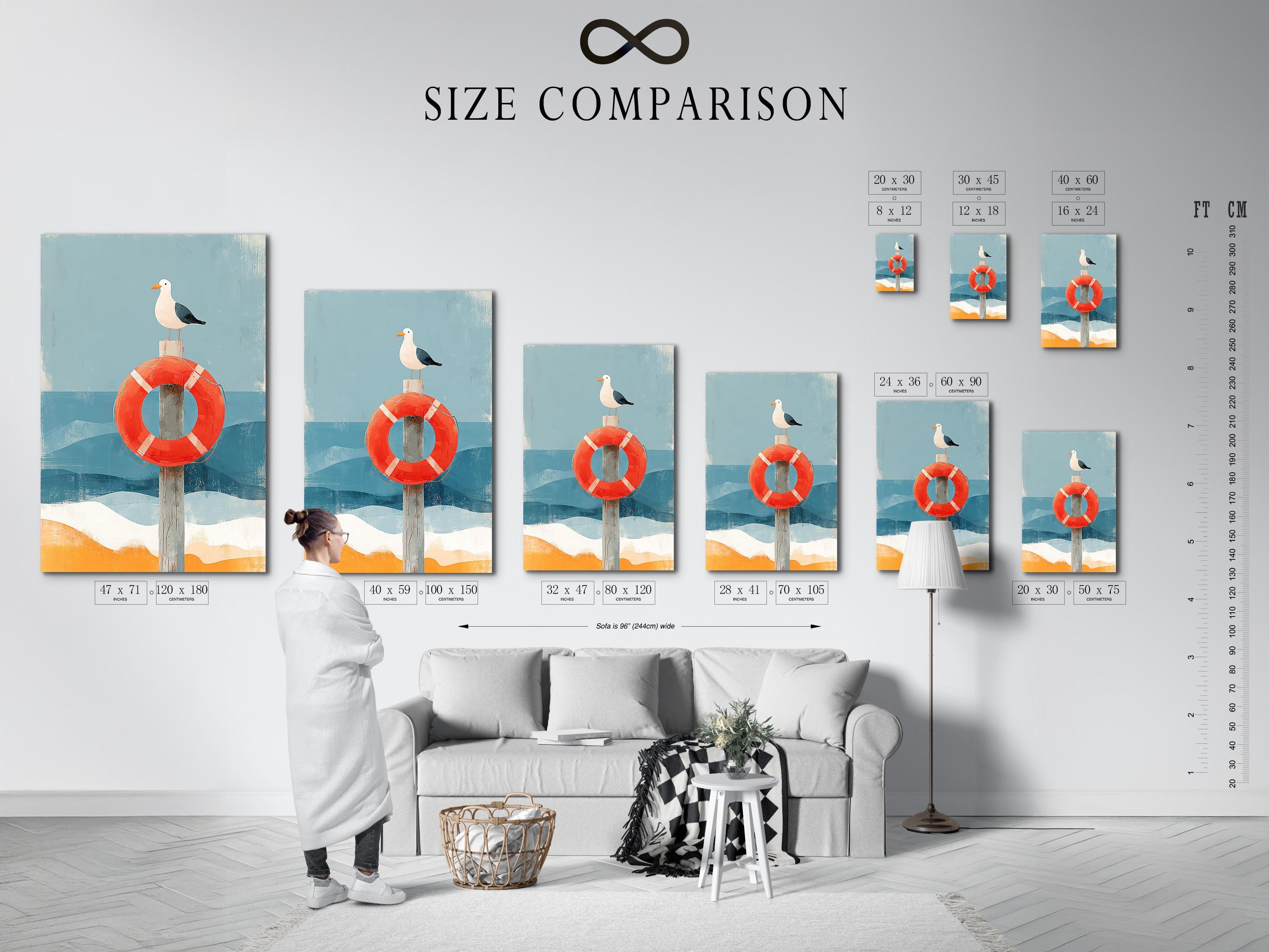 Room mockup featuring framed seagull and lifebuoy artwork with blue waves and sand tones