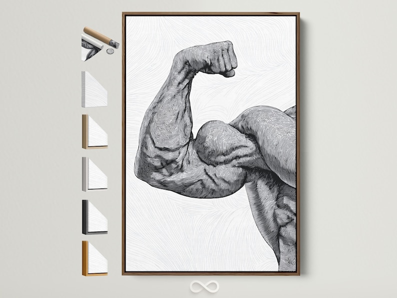 Black and white line art of a flexing muscle figure with dense contour lines
