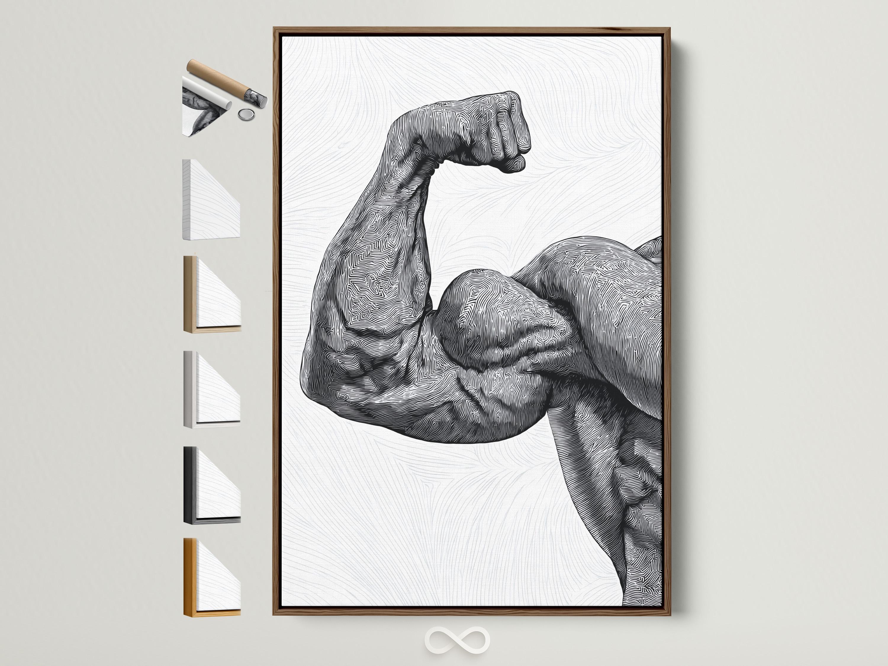 Black and white line art of a flexing muscle figure with dense contour lines