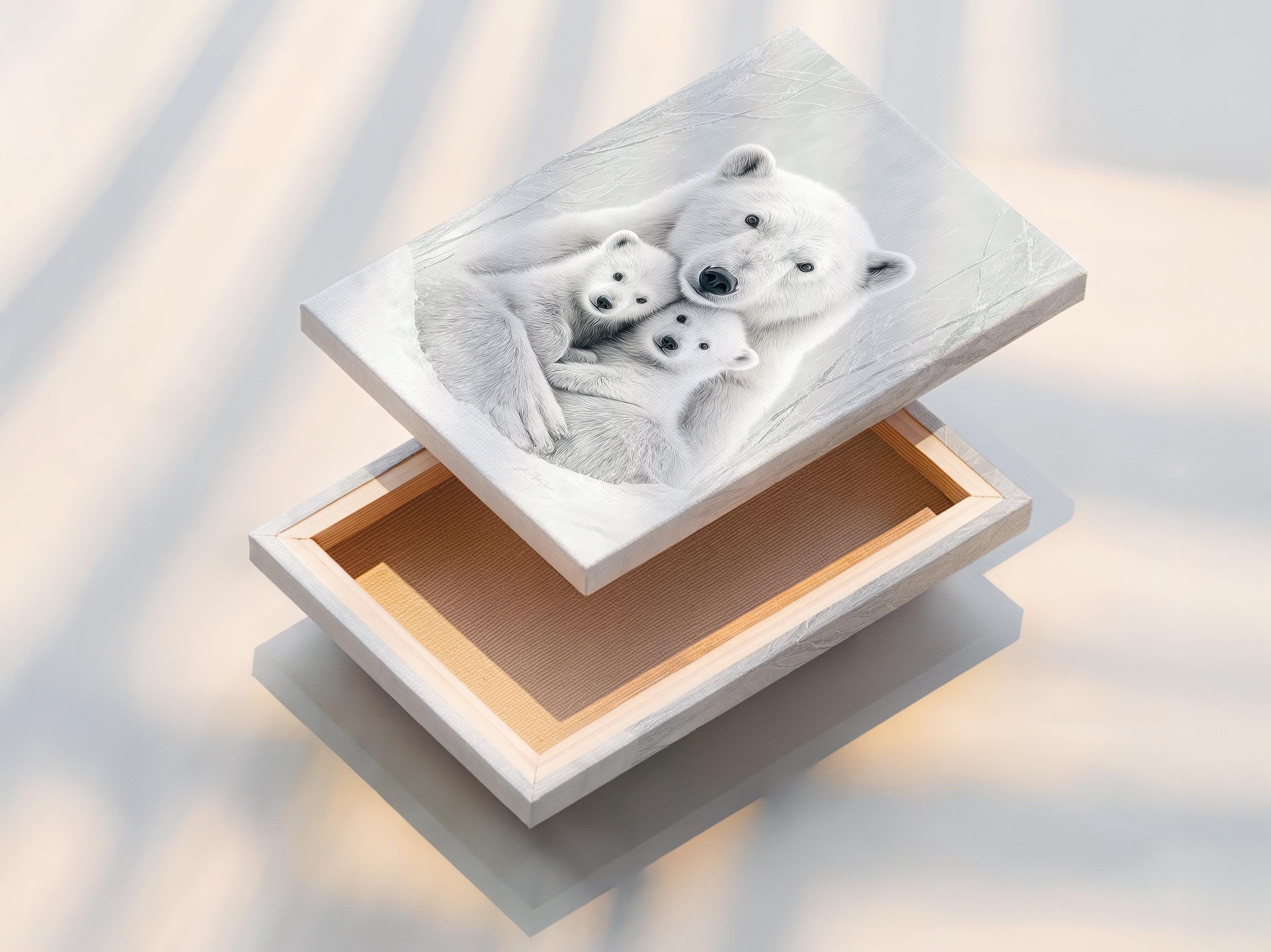 Monochrome polar bear mother and two cubs with faint winter tree-branch outlines detail view