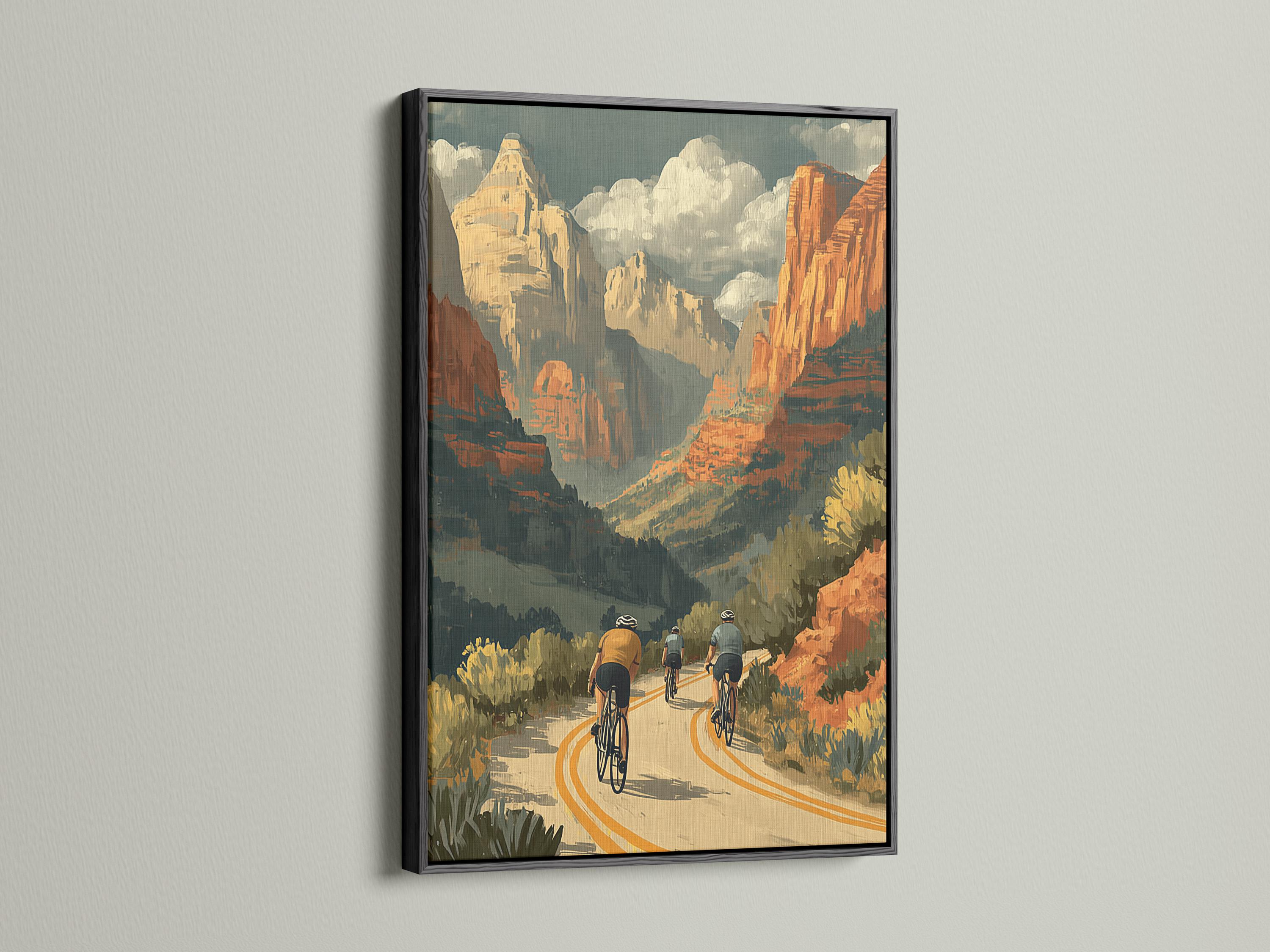 Retro desert canyon cycling scene with three cyclists on a winding road detail view