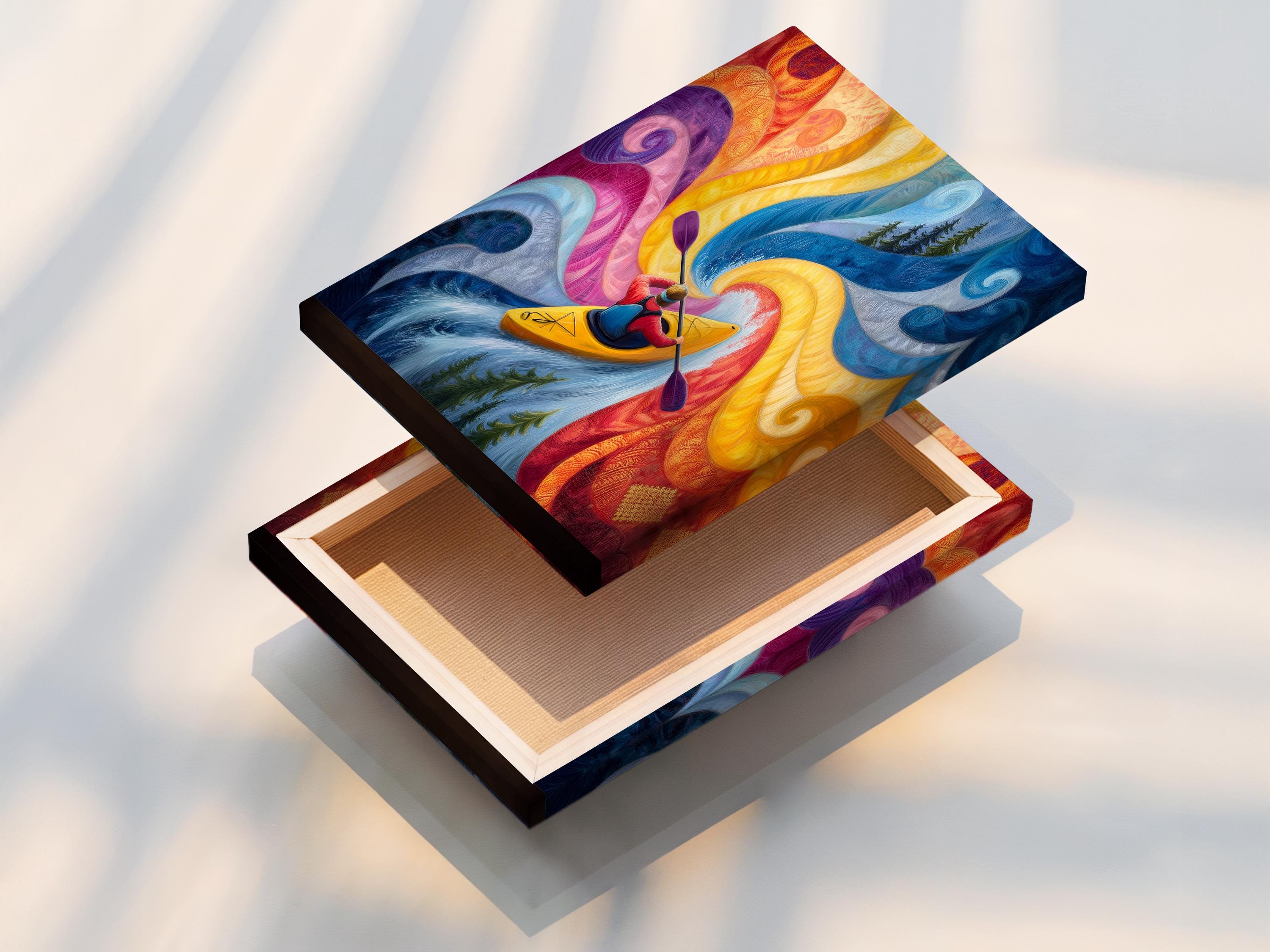 Room mockup showing a framed kayaker river artwork with swirling blue and yellow waves