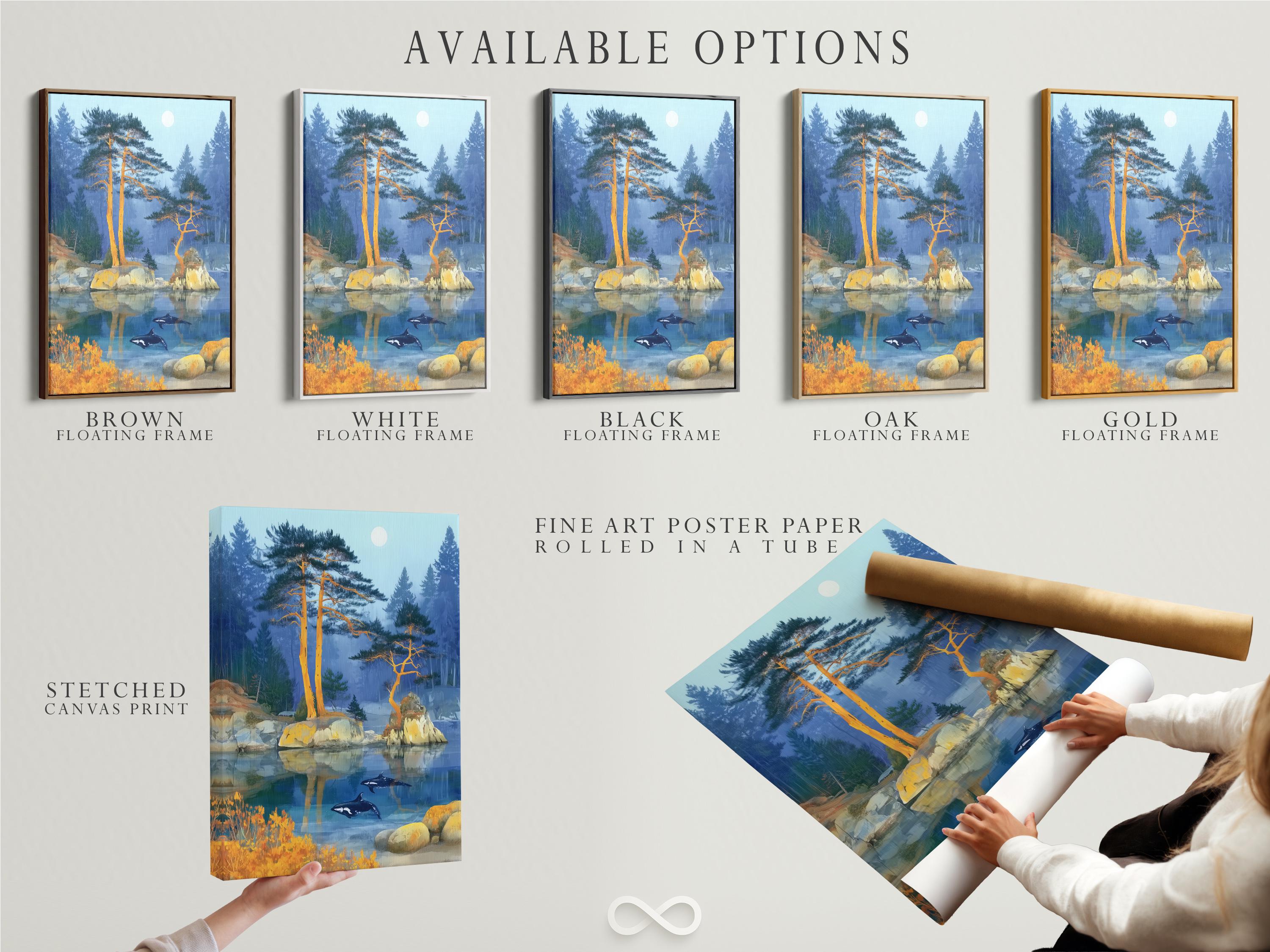 Misty blue lake landscape with golden trees, rocky shore and dark swimming aquatic animals detail view