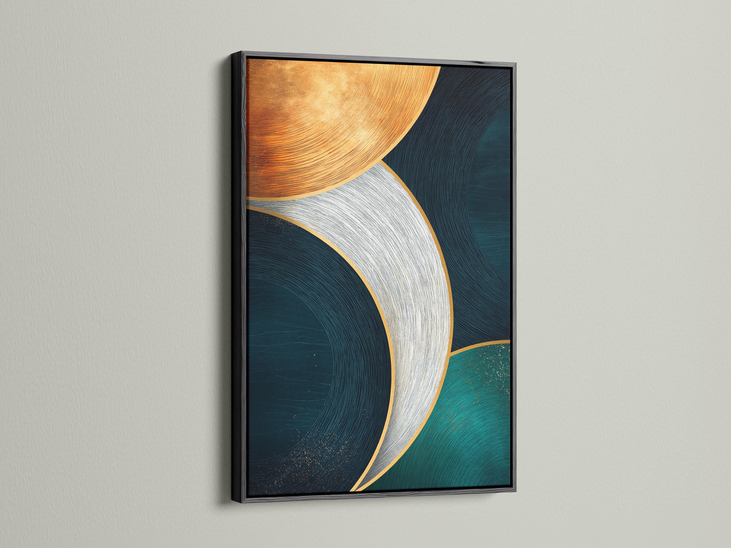 Abstract geometric artwork with teal and navy curved circles and gold outlines detail view