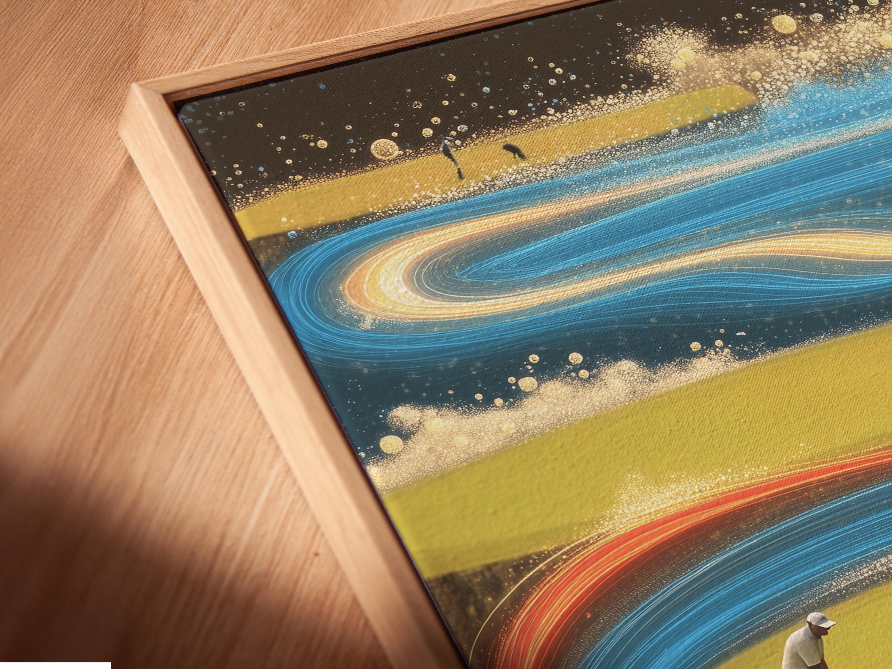Abstract golf course scene with swirling blue and gold motion bands and small golfer figures detail view
