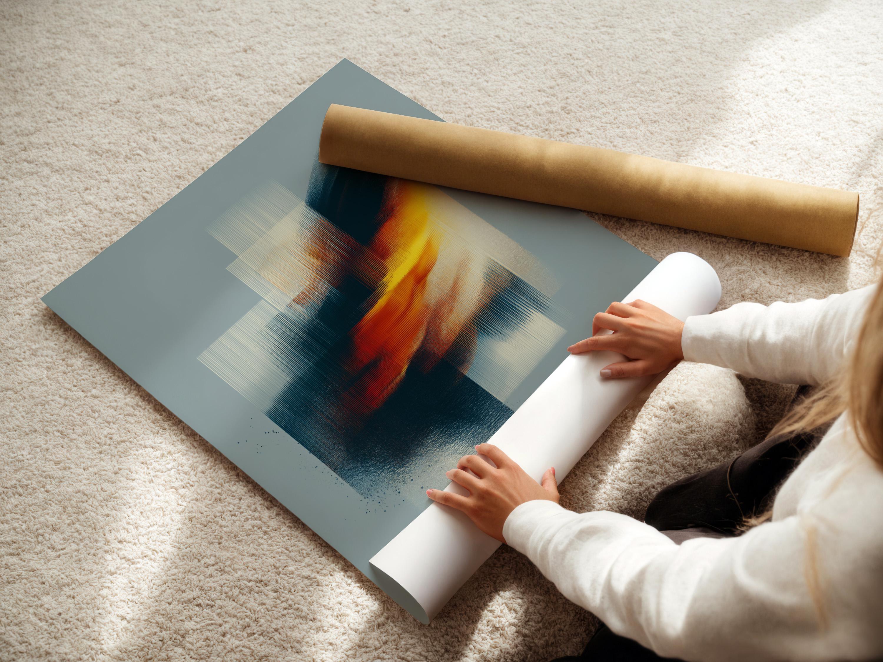 Abstract geometric wall art with layered blue rectangles and warm gold diagonal accents detail view