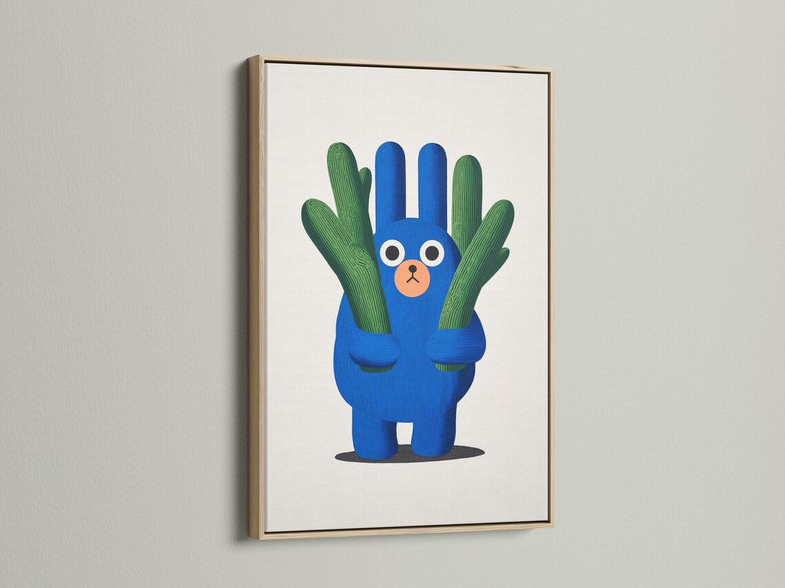 Blue cartoon bear holding green cactus arms on an off-white background detail view