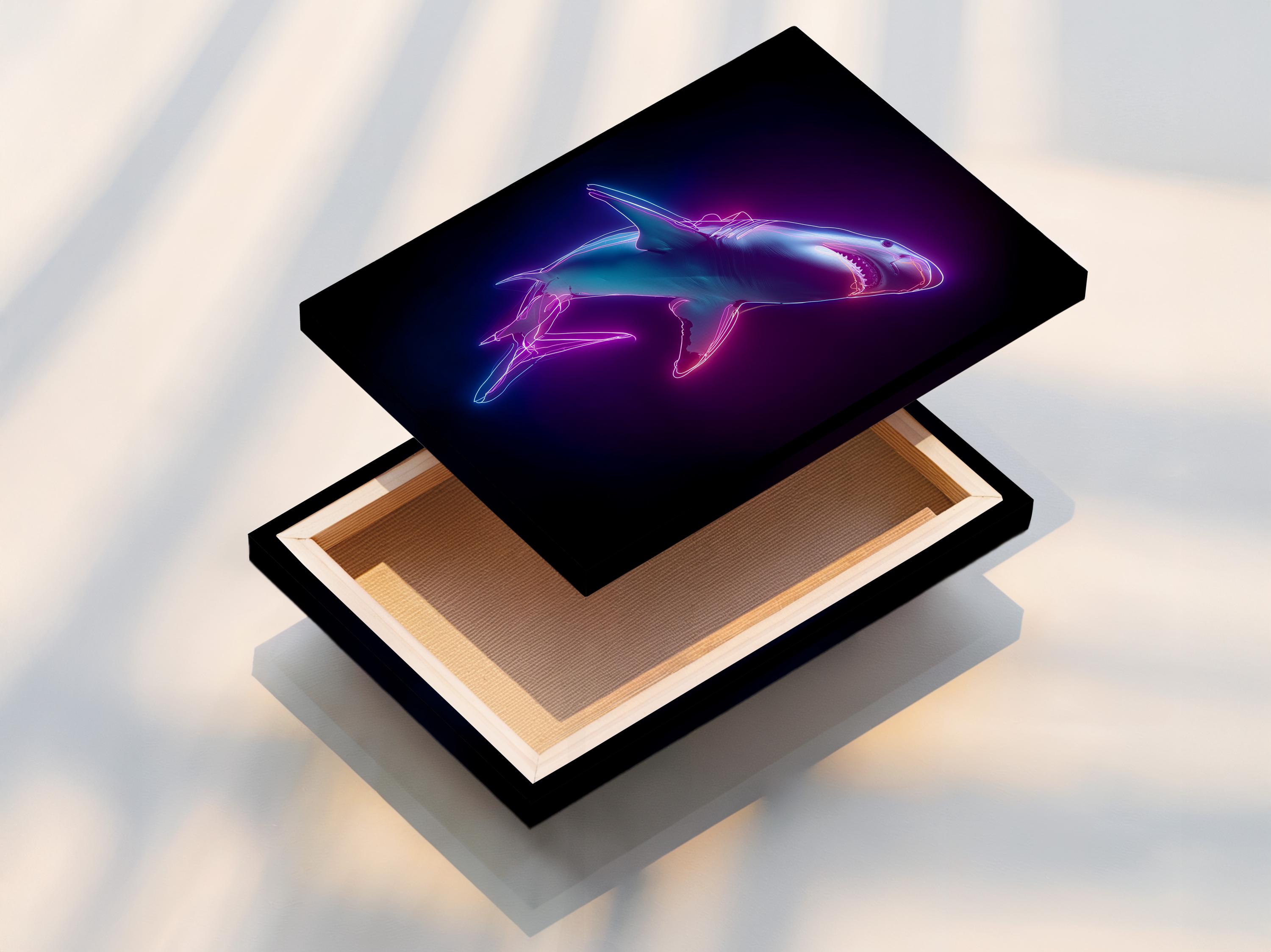 Neon line-drawn shark with magenta and cyan glow on a dark purple background detail view