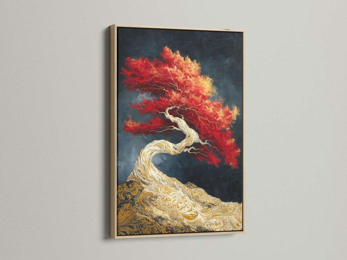 Stylised tree artwork with pale twisting trunk, red-and-gold canopy, and ornate gold base on navy background detail view