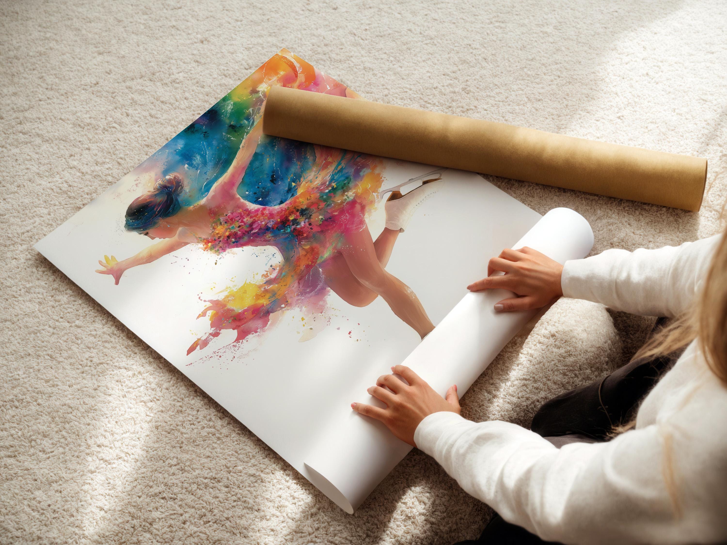 Stylised figure skater dancer with multicolour paint-splash motion over a white background detail view
