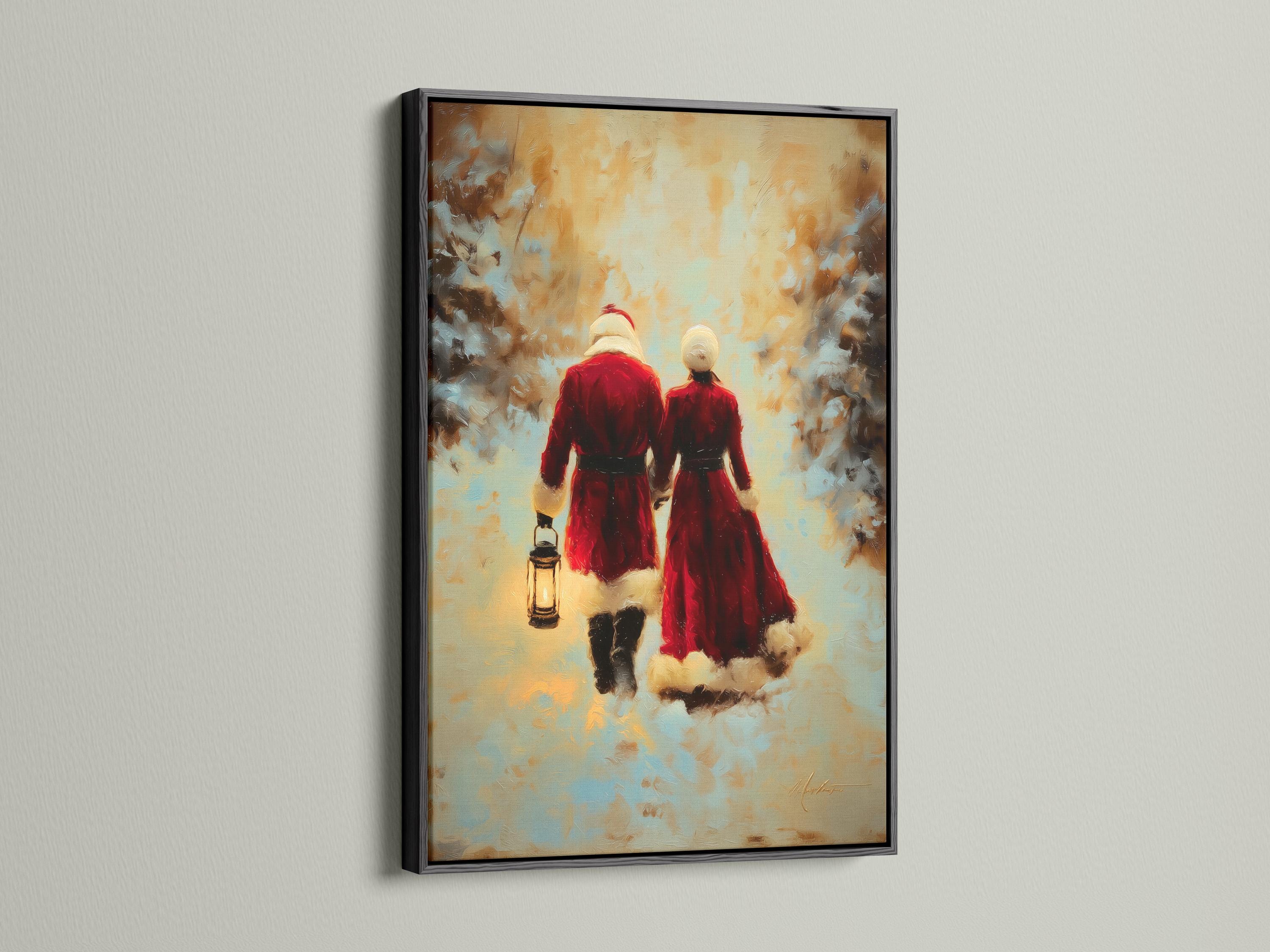 Painterly winter scene of a couple in red coats walking away with a glowing lantern detail view