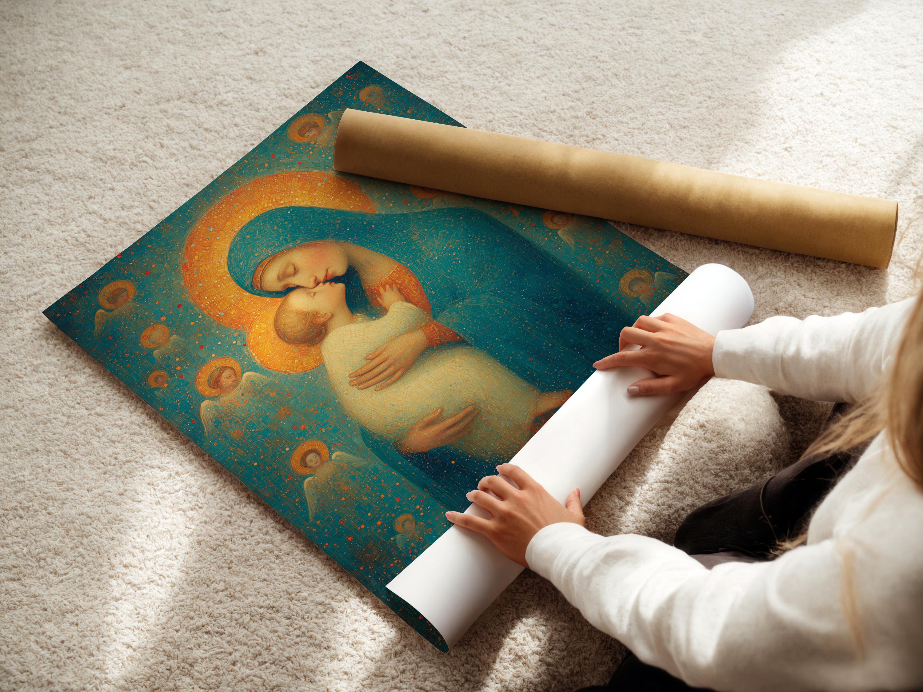 Religious painting of a haloed woman holding a haloed child against a teal and gold speckled background detail view