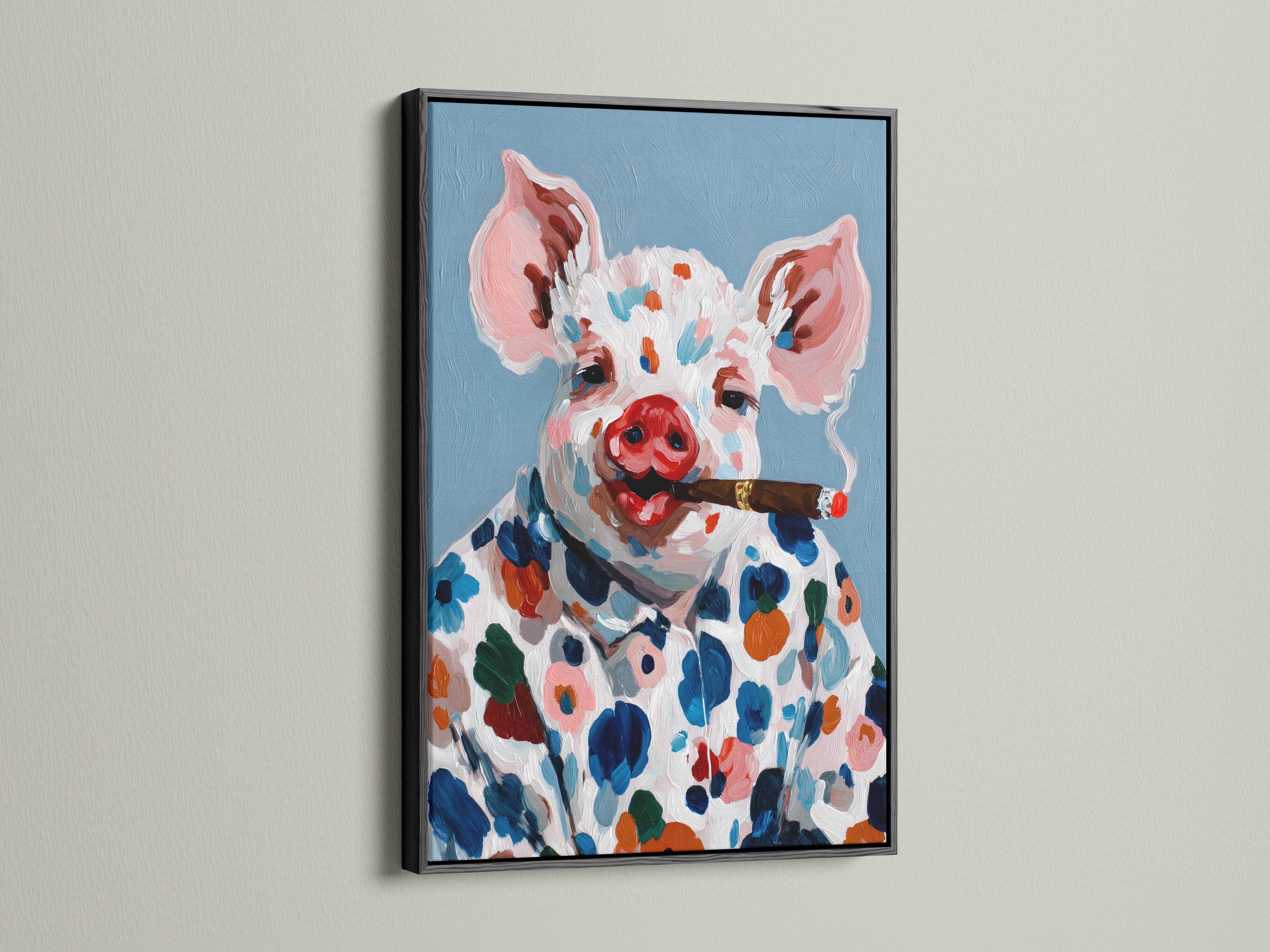 Painted pig portrait holding a cigar, with colourful floral and leaf shapes on a blue background detail view
