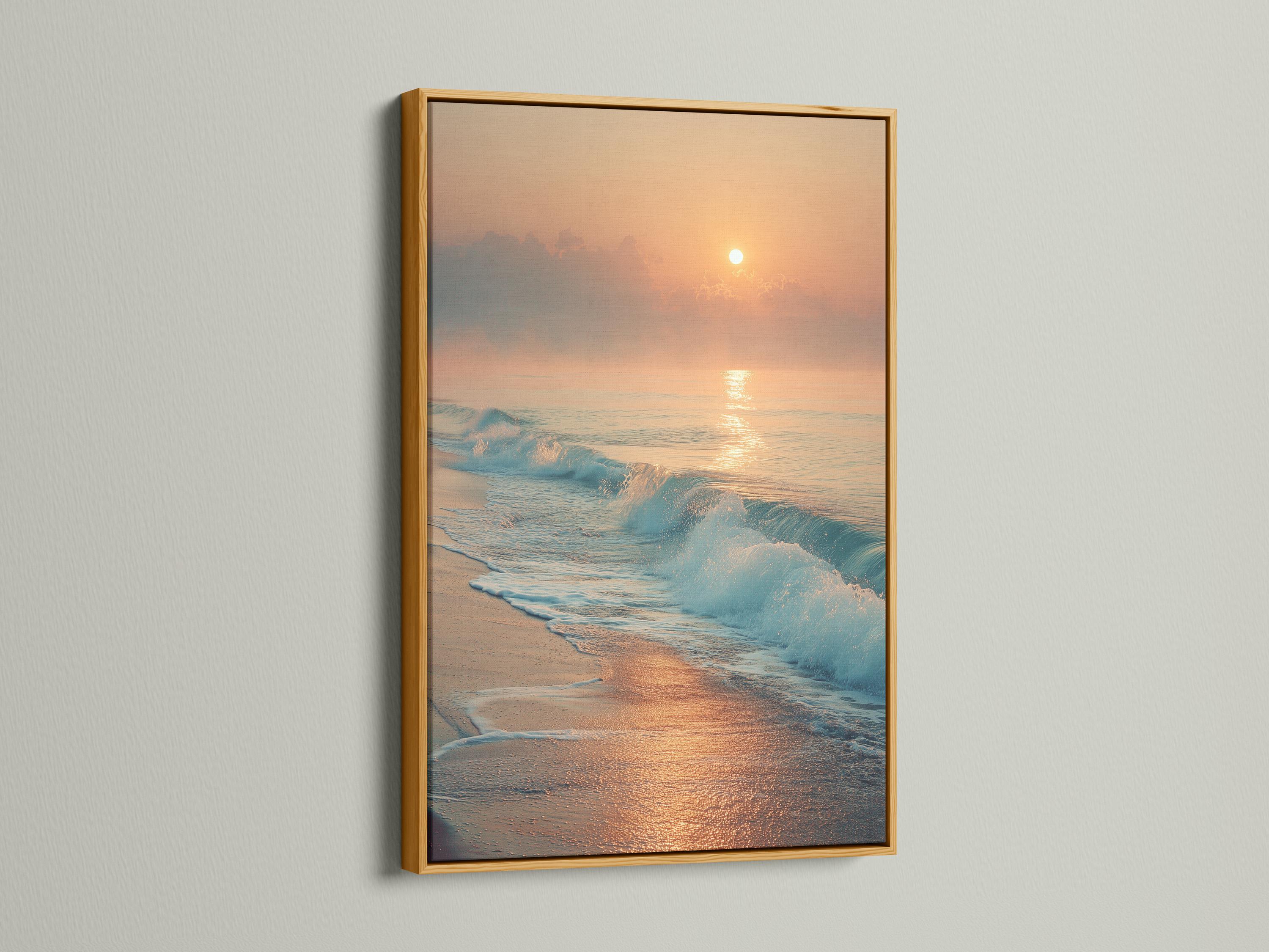 A sunrise seascape shows a glowing sun above layered clouds, with ocean waves rolling onto a sandy shore and reflecting warm light detail view