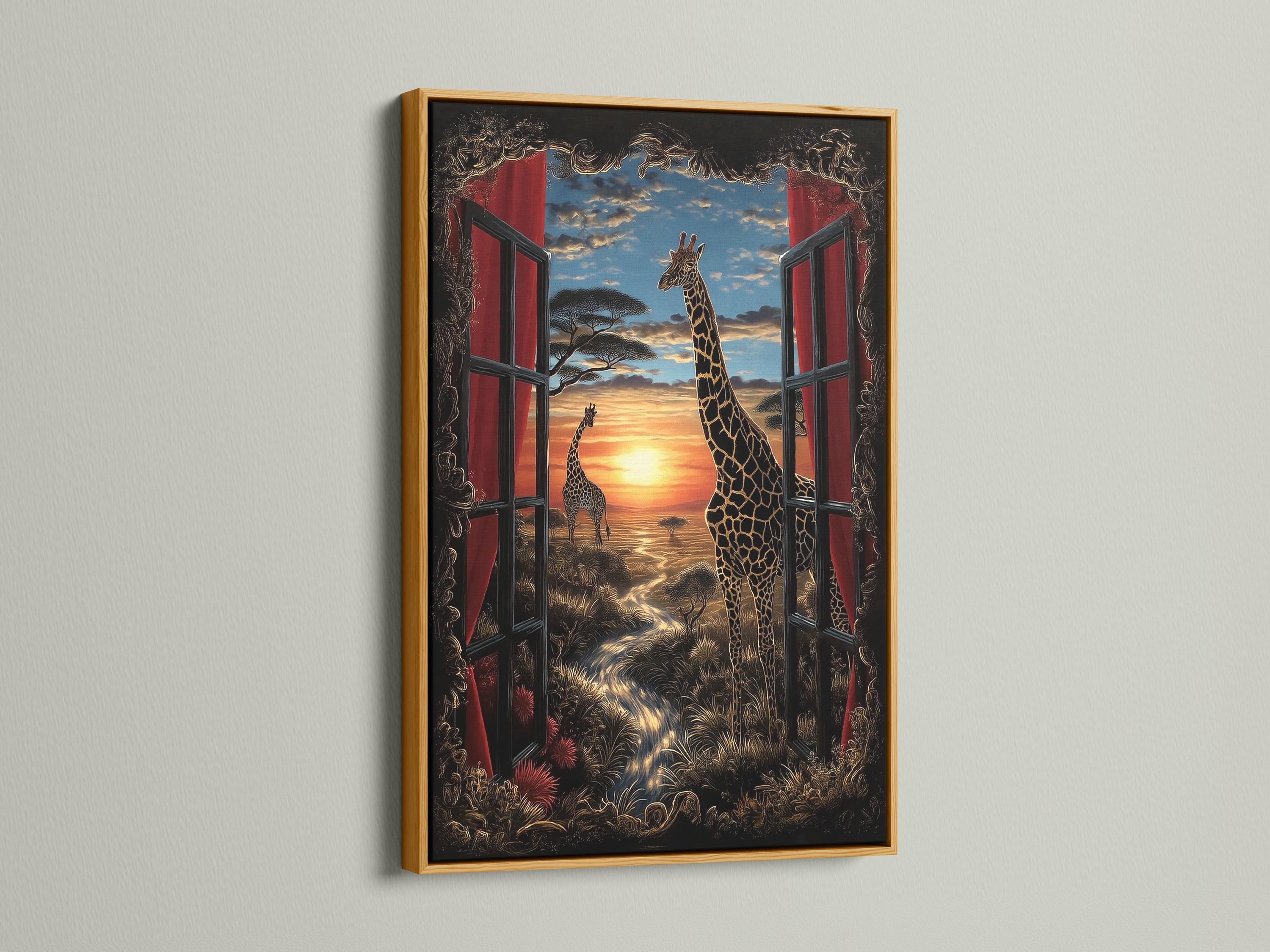 Framed giraffe window-view sunset artwork shown on a wall, with curtain shutters and a savanna