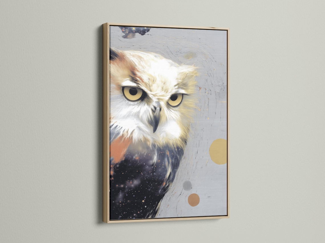 Stylised owl portrait with grey feathers, warm gold eyes, and speckled star-like background detail view