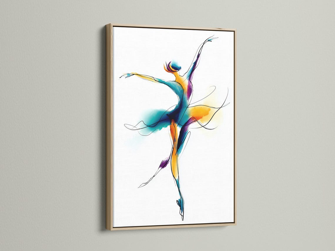 Ballet dancer illustration with teal, purple, and gold swirls on a white background detail view