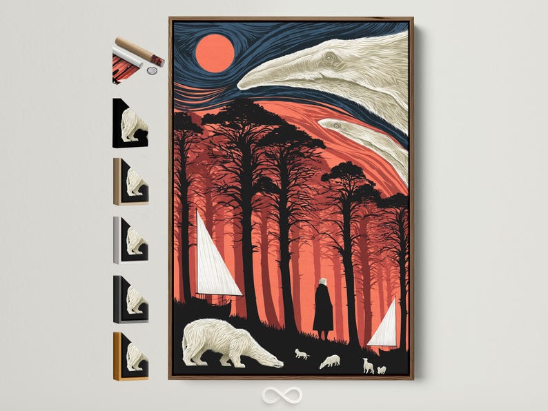 Stylised polar bear scene with a red sun, dark forest silhouettes, pale animals and a sailboat