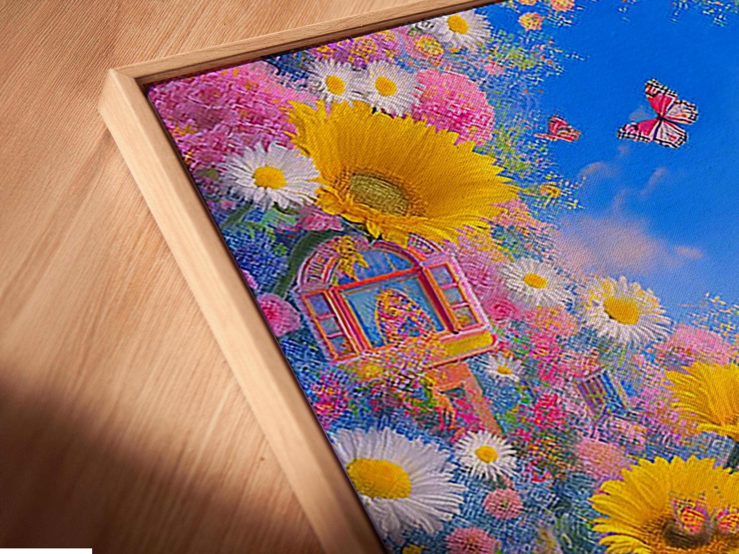 Floral garden scene with sunflowers, daisies, pink roses, blue butterflies and a blue clouded sky detail view