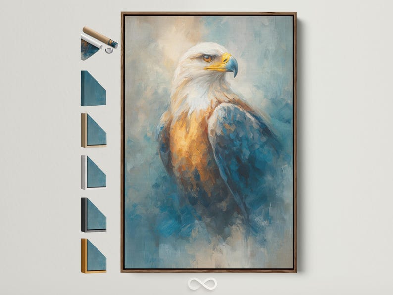 Painterly eagle in profile with warm golden-brown feathers on a teal-blue textured background