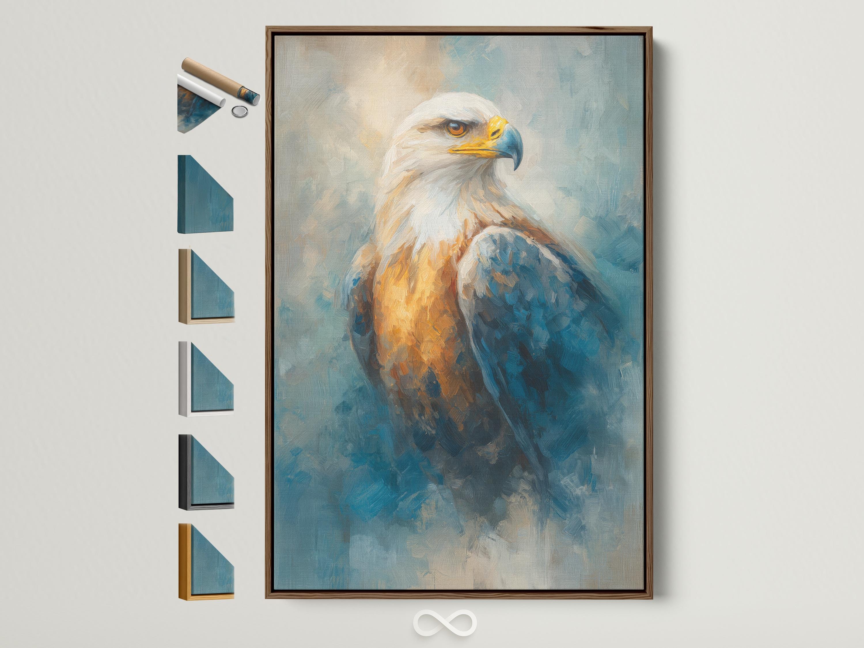 Painterly eagle in profile with warm golden-brown feathers on a teal-blue textured background