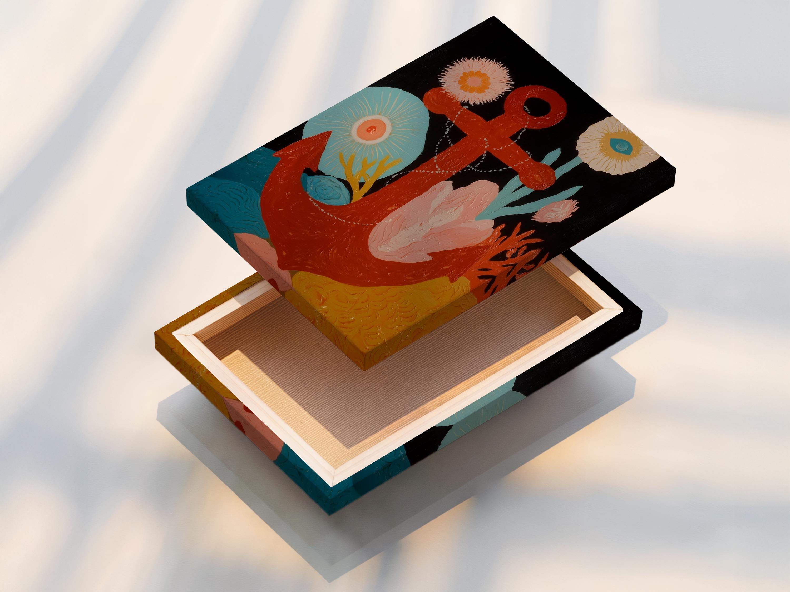 A stylised nautical anchor motif is set over dark background clouds, with coral, teal, pink, and gold tones and layered flower-like bursts around the