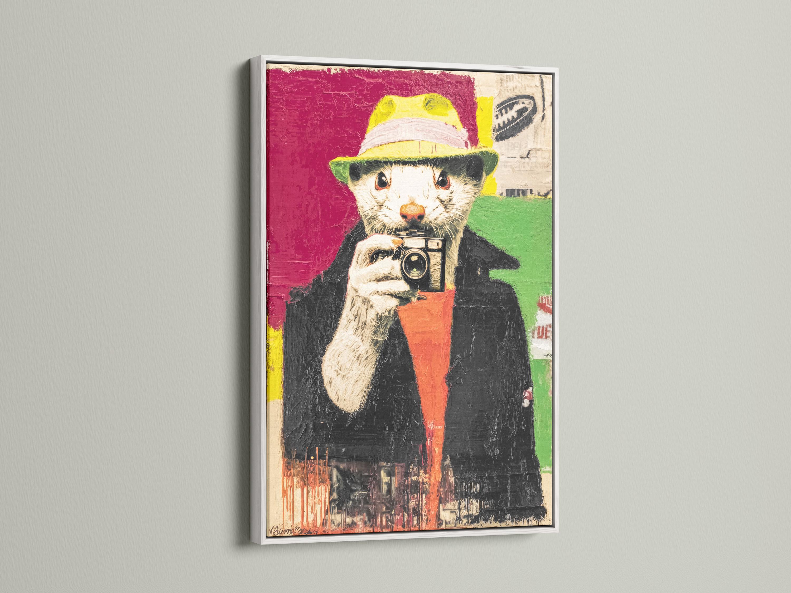 Pop-art portrait of a dog-like animal photographer holding a vintage camera, with bright magenta and green background detail view