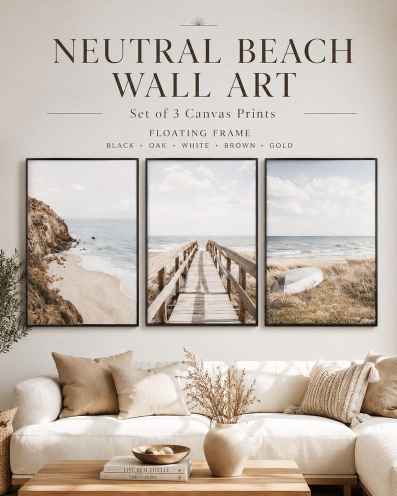 Three-panel neutral beach artwork showing rocky shore, boardwalk, and dunes with grasses