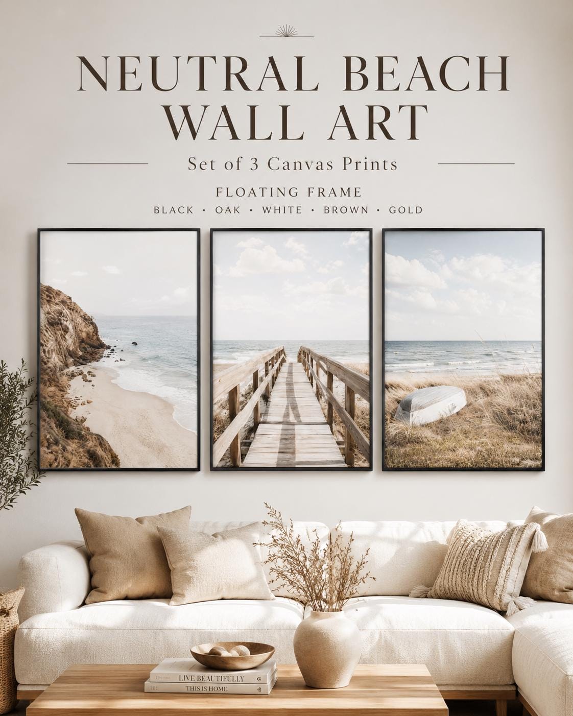 Three-panel neutral beach artwork showing rocky shore, boardwalk, and dunes with grasses