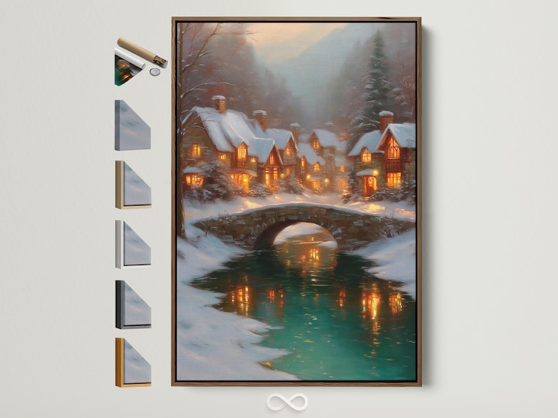 Snowy village scene with warm-lit cottages, an arched bridge and teal river reflections