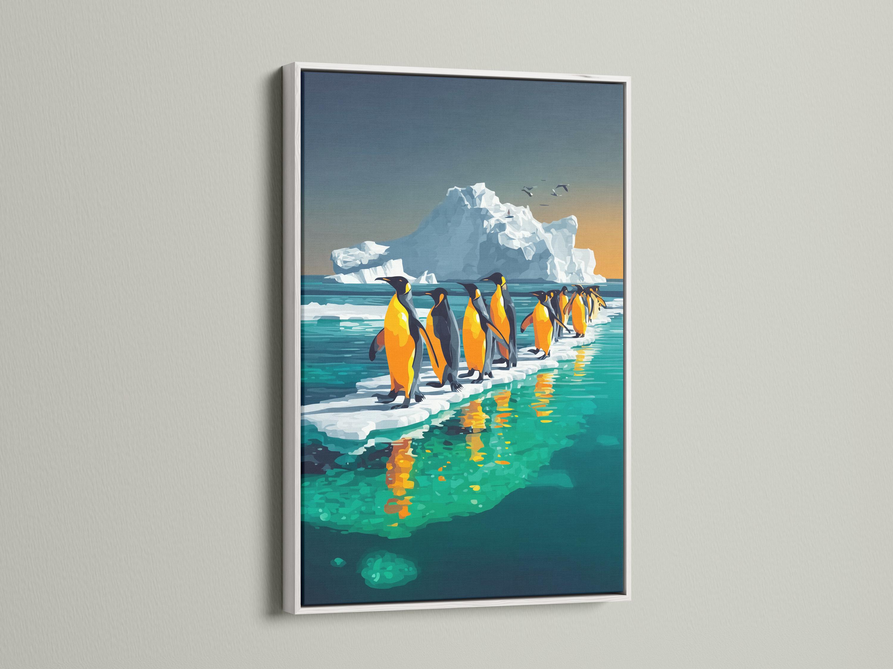 A person holding a camera stands near a framed penguin artwork in a light room