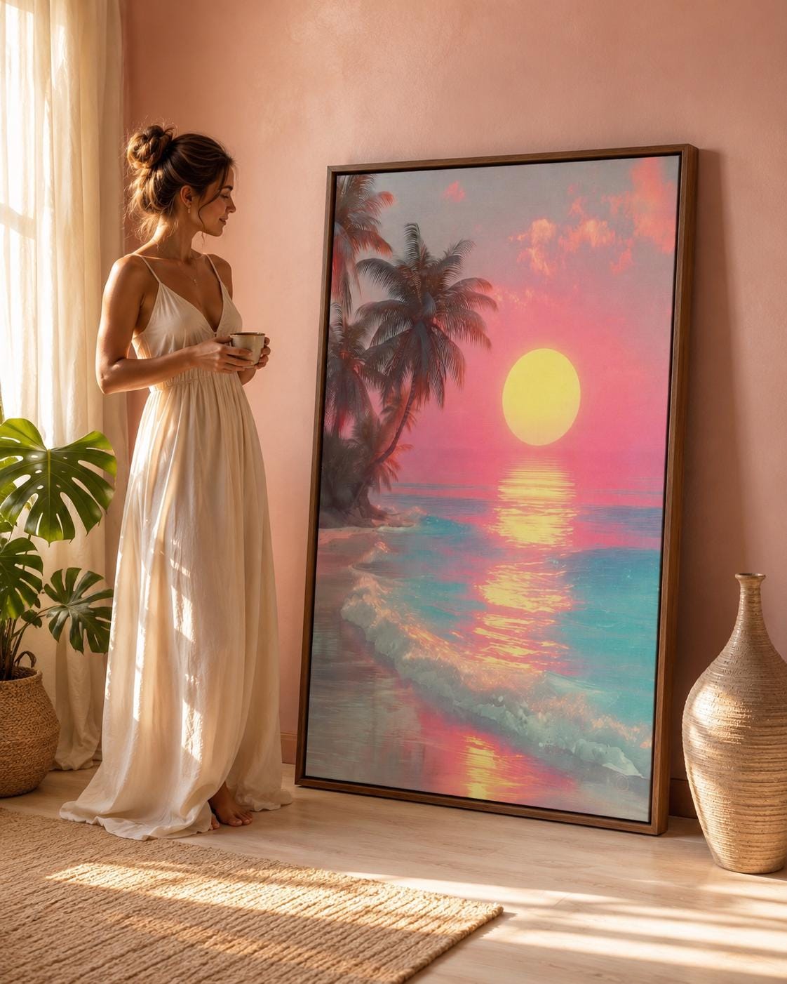 A framed tropical seascape shows a bright yellow sun over pink and turquoise water, with palm silhouettes and glowing reflections detail view