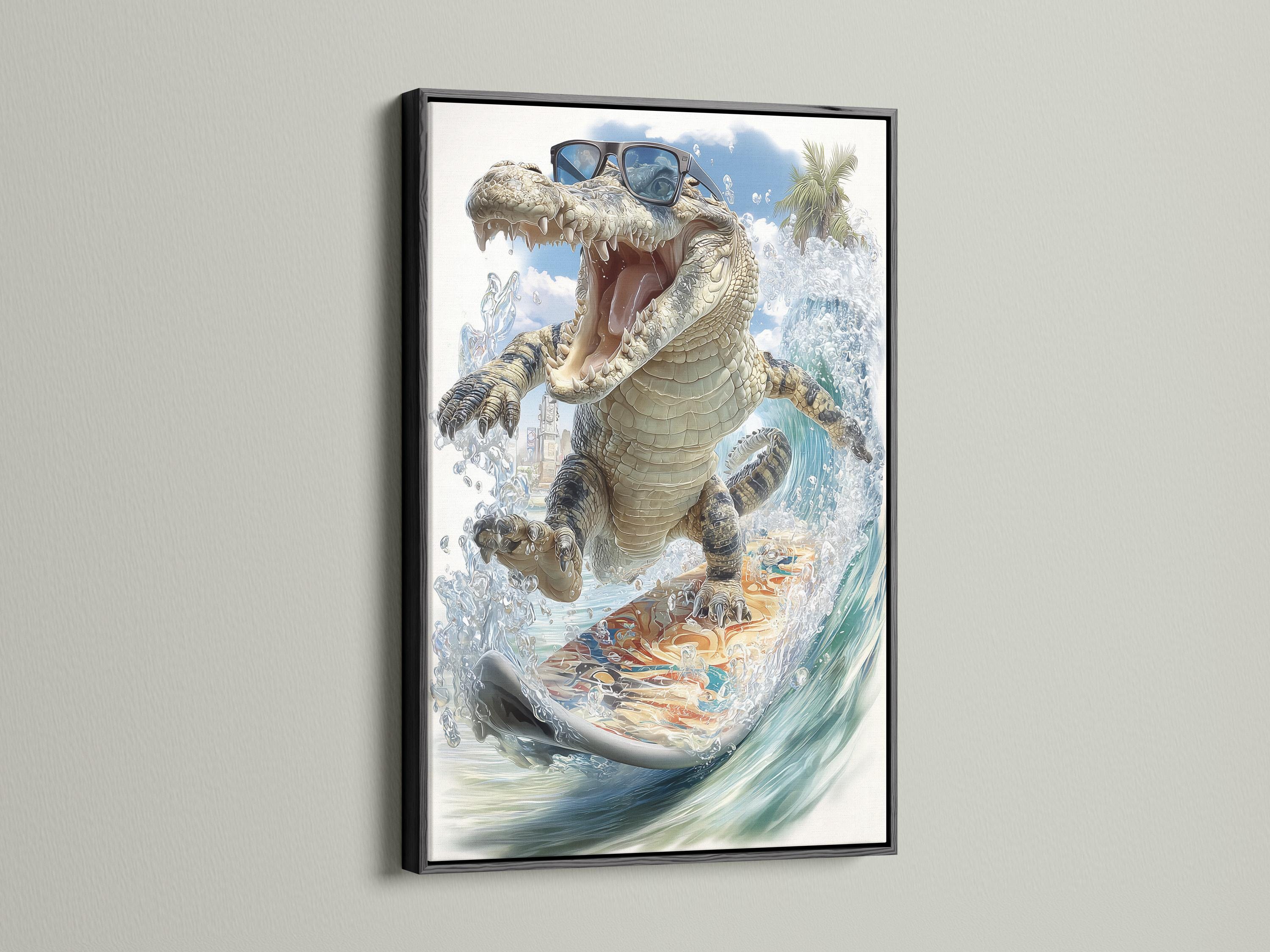 Roaring alligator with sunglasses surfing on a surfboard through foamy blue waves detail view