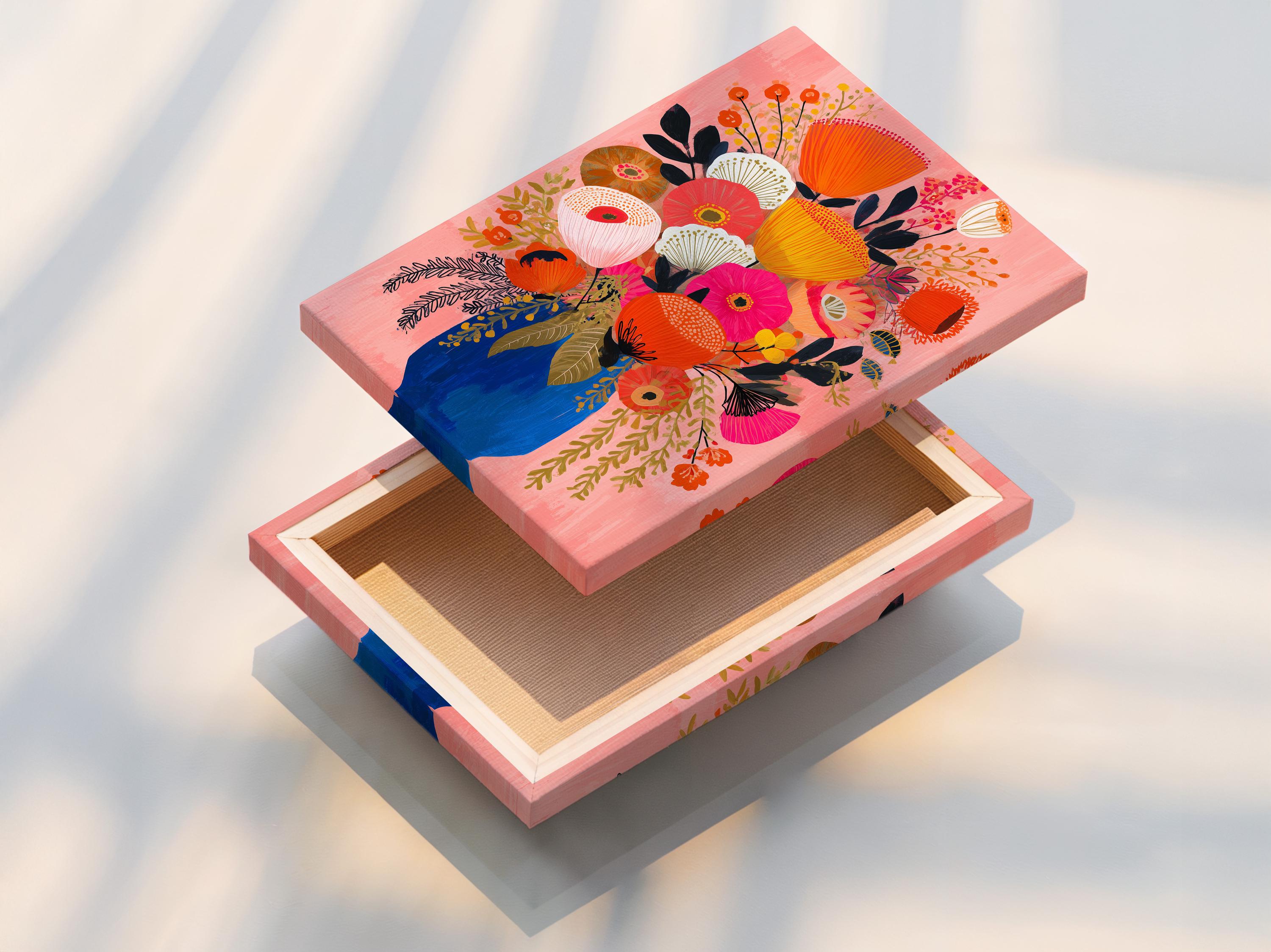 Floral bouquet artwork with pink, orange and cream flowers in a blue vase detail view