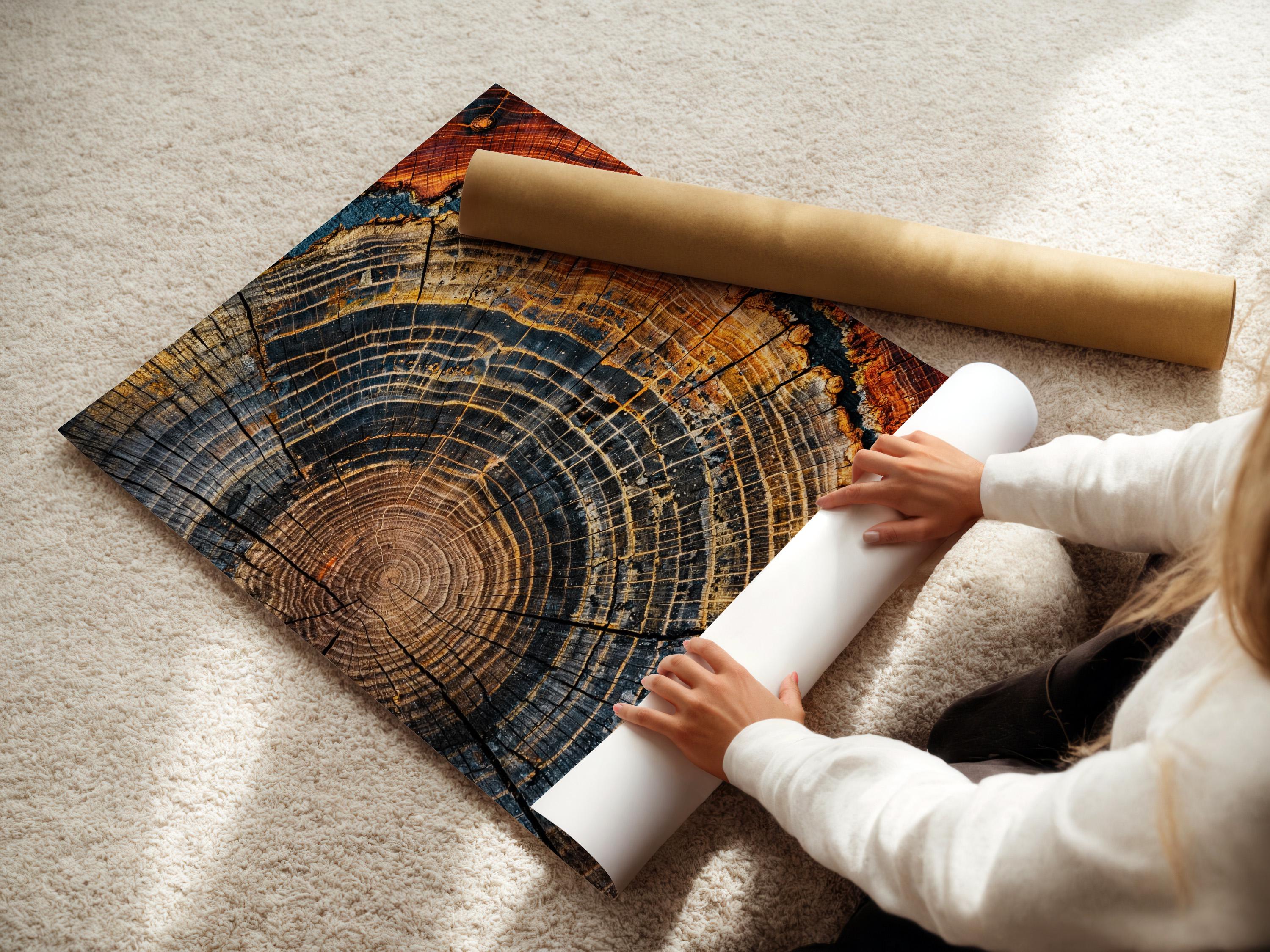 Bedroom mockup showing two framed tree ring artworks above a bed