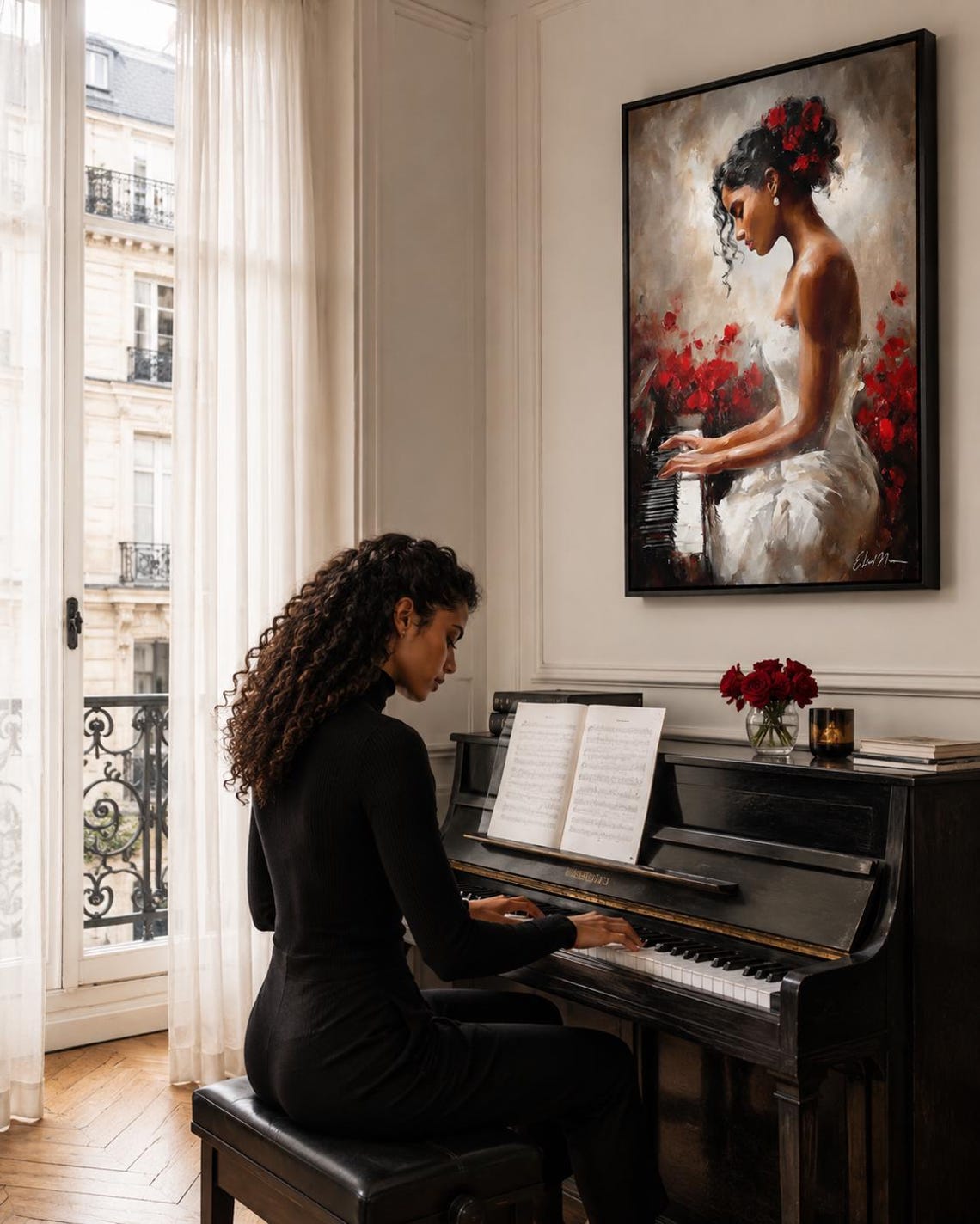 A framed artwork of a woman playing a piano with red flowers displayed in a room