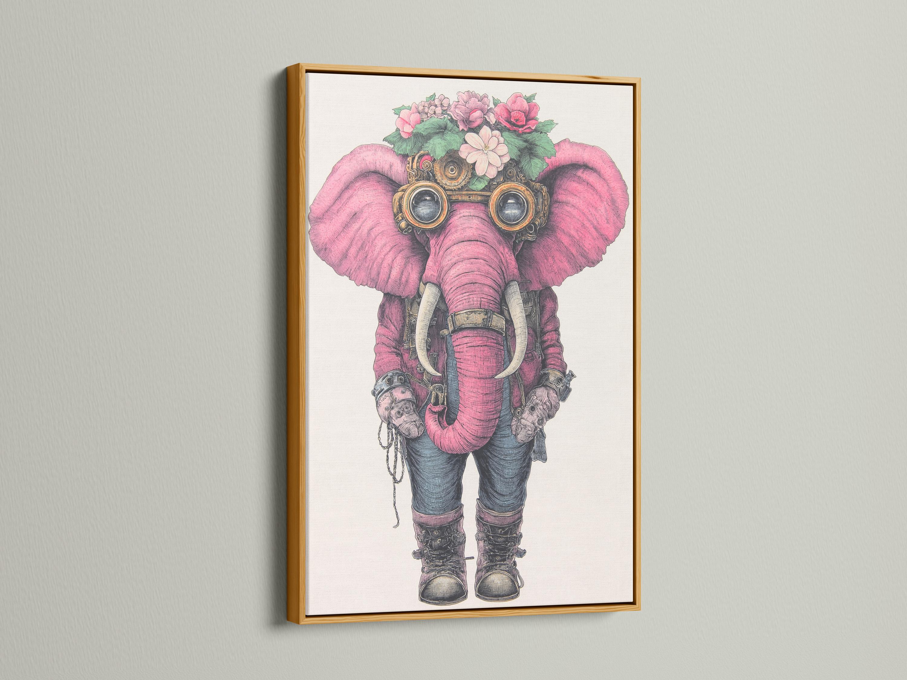 Wall art mockup showing a framed pink elephant illustration with steampunk goggles