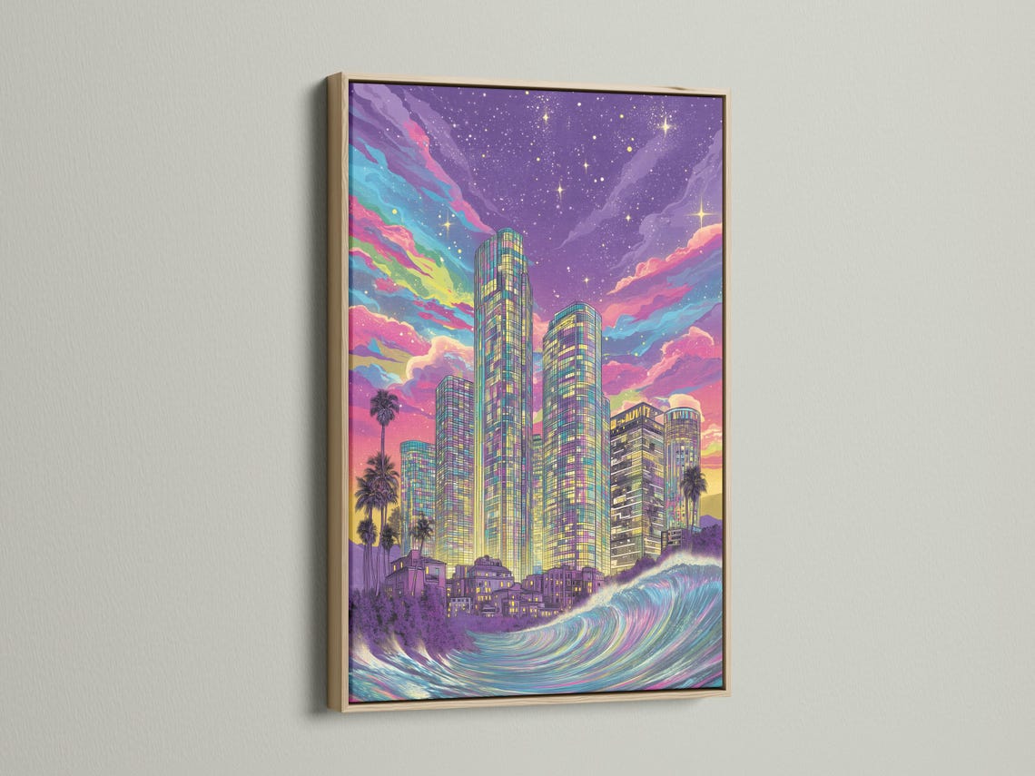 Retro neon city skyline with tall skyscrapers, ocean waves, starry purple sky and palm silhouettes detail view