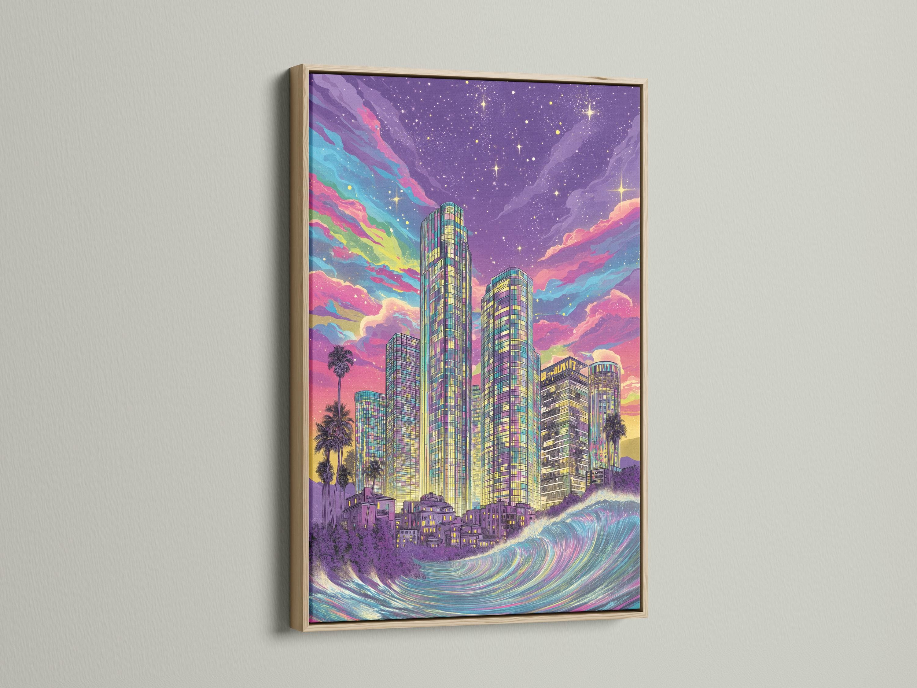 Retro neon city skyline with tall skyscrapers, ocean waves, starry purple sky and palm silhouettes detail view