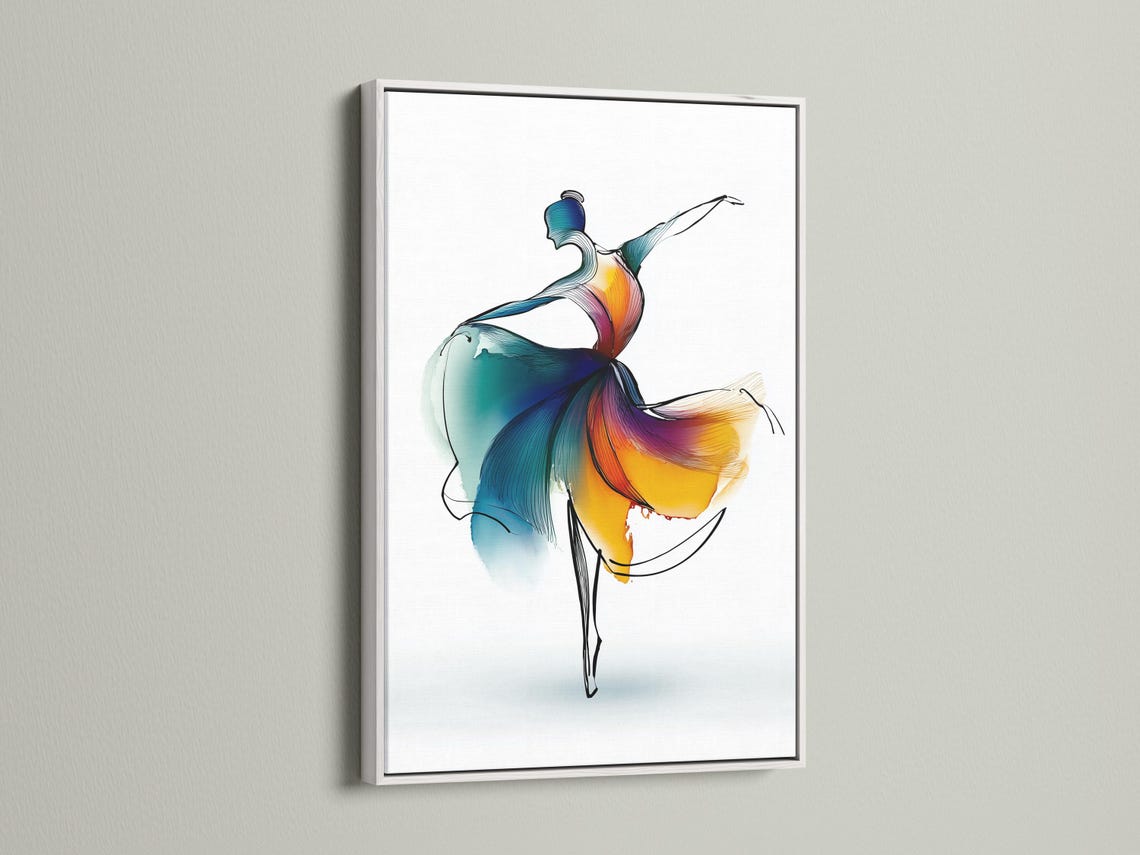 Stylised ballet dancer leaping with teal, blue, purple and orange-yellow colour washes on a white background detail view