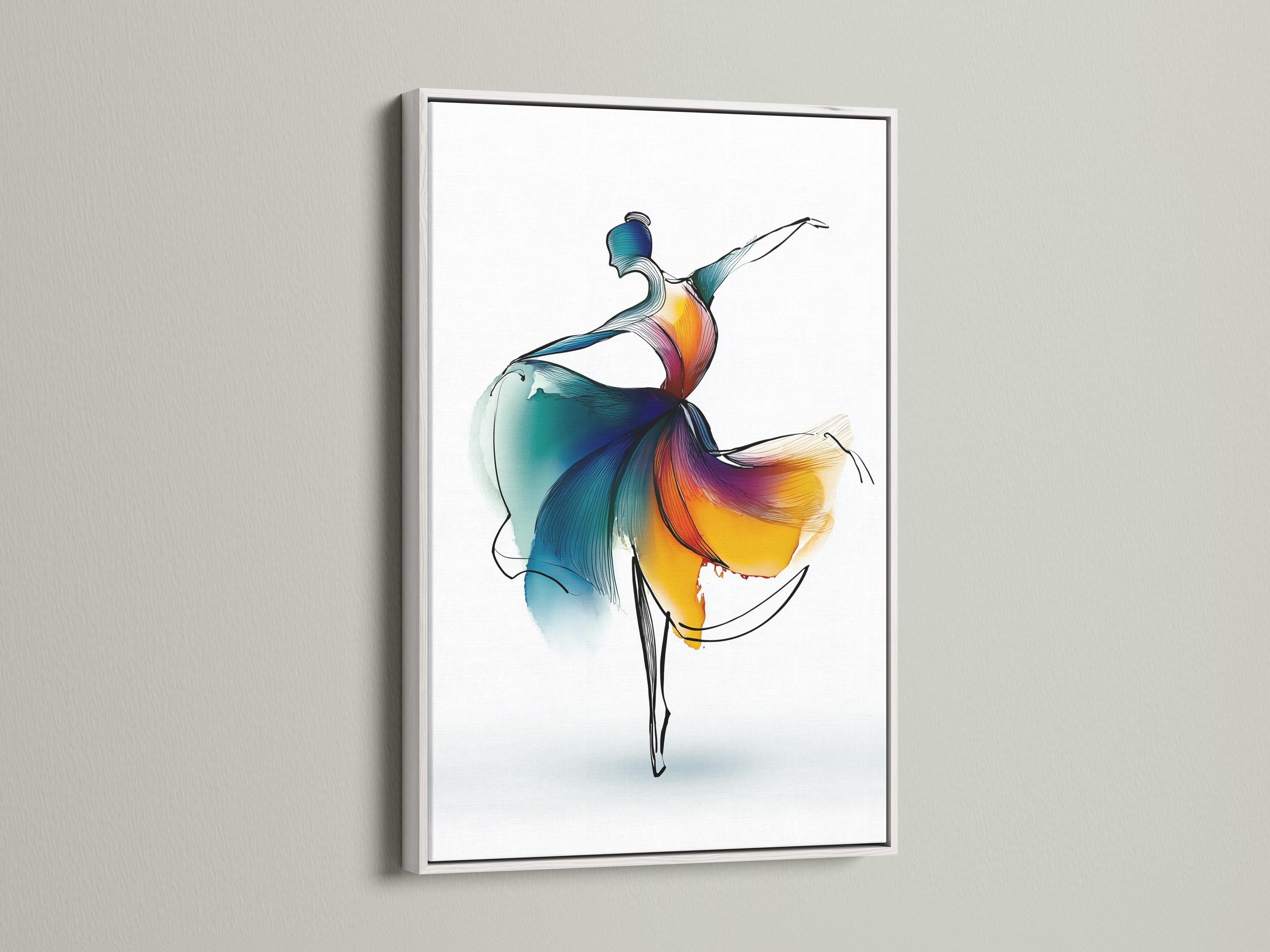 Stylised ballet dancer leaping with teal, blue, purple and orange-yellow colour washes on a white background detail view
