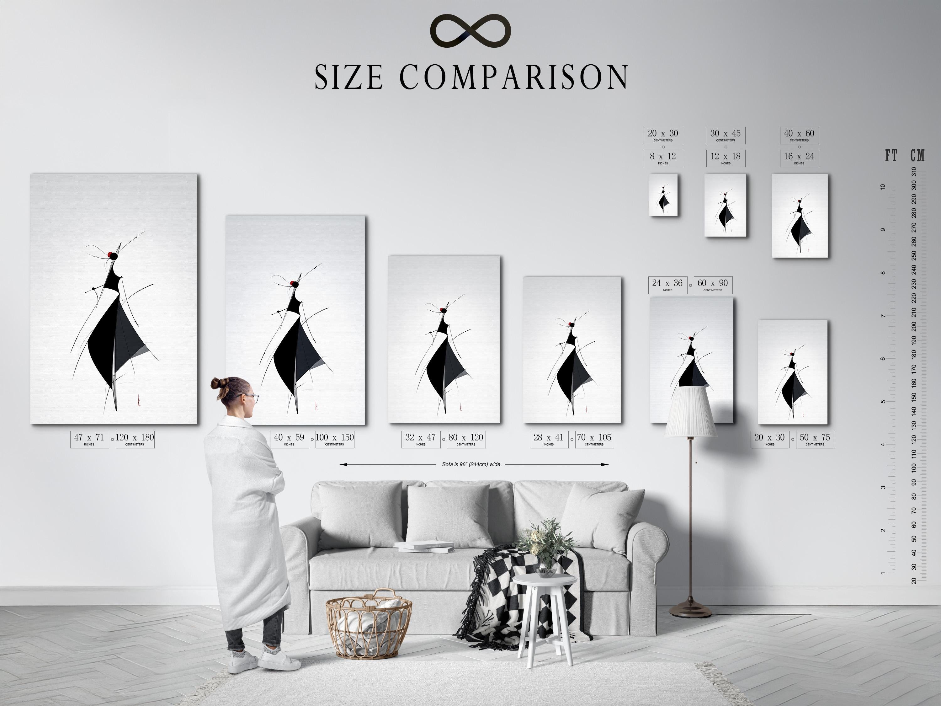Minimalist line figure artwork with black shapes and deep red accents on a light background detail view