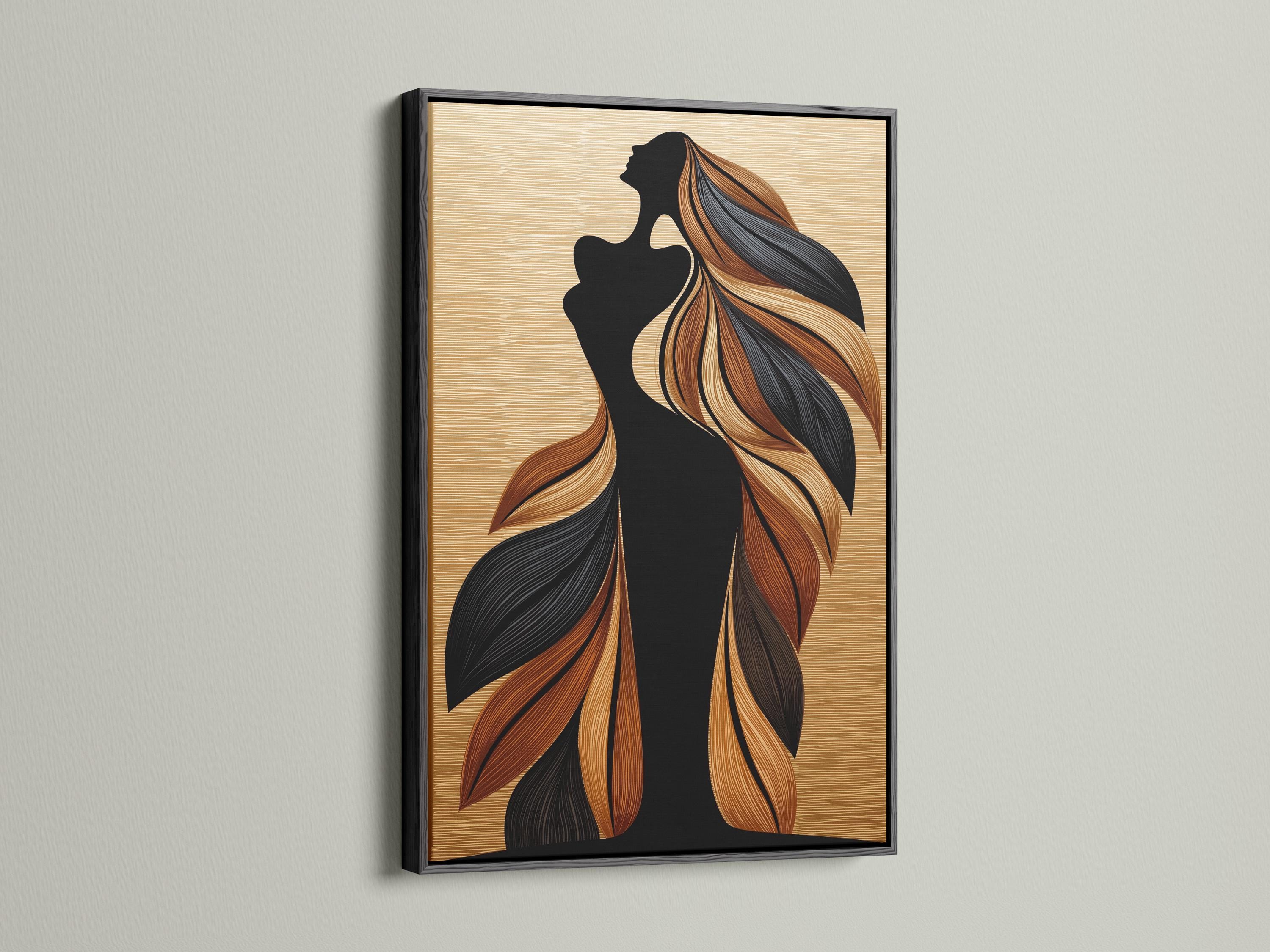 Black woman silhouette in profile with flowing feather-like hair in tan and rust tones on a beige striped background detail view