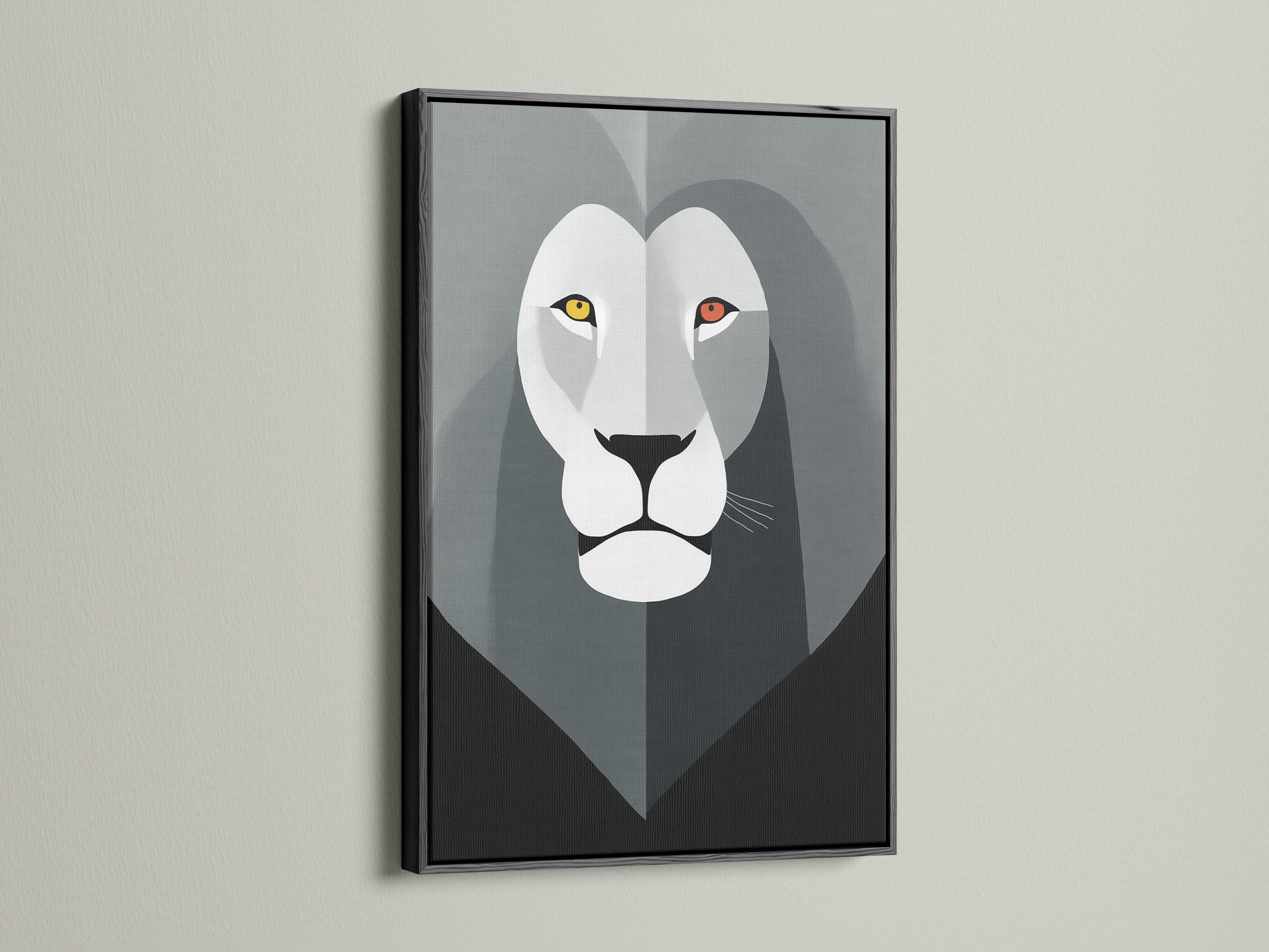 Geometric lion face artwork in grey and white with yellow and red eye accents detail view