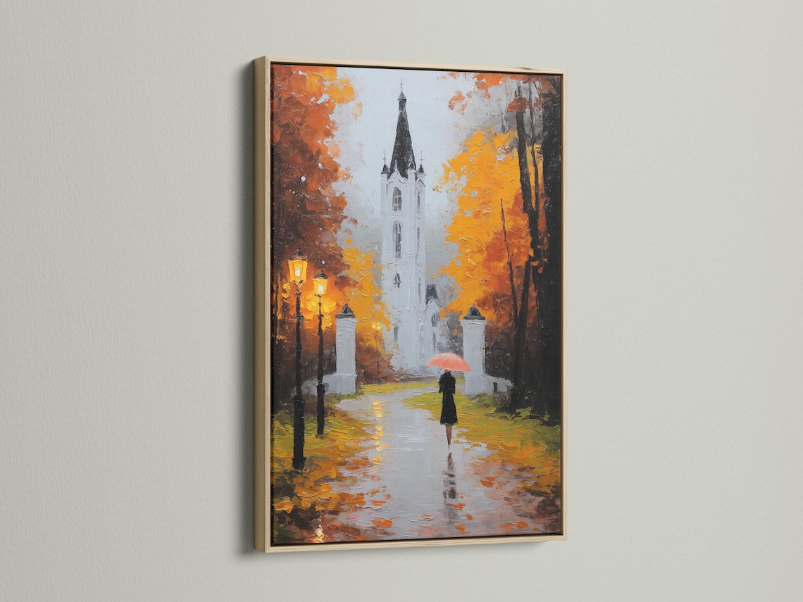 Painterly autumn street scene with a white church, orange leaves, and a figure holding a red umbrella detail view